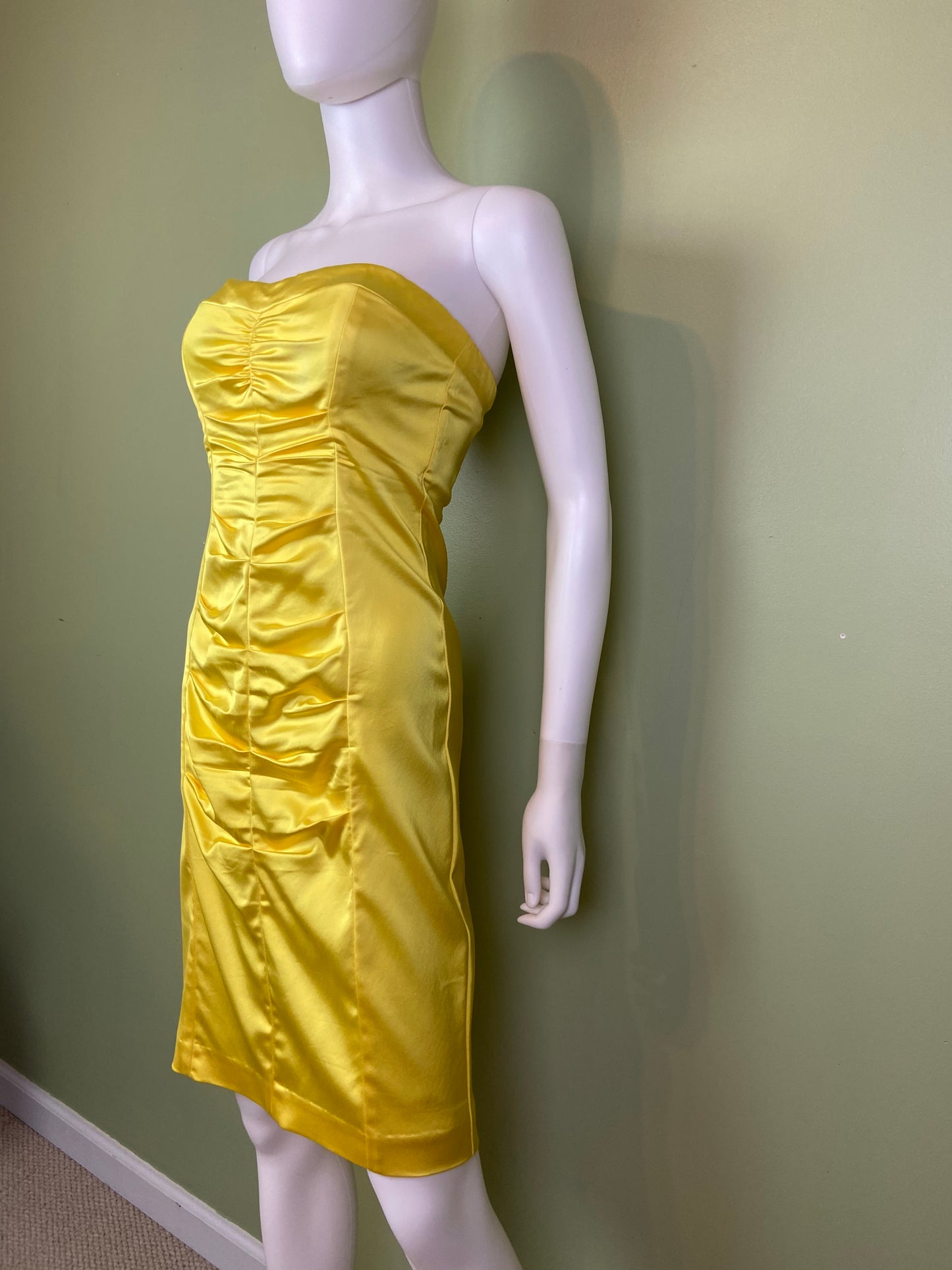 Cache Yellow Stretch Satin Ruche Corset Dress Abby Essie