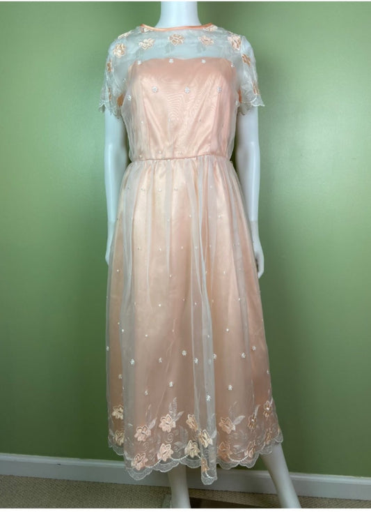 Vintage Victorian Bespoke Pink Peach Satin Sheer Embroidered Floral Lace Dress Gown Abby Essie