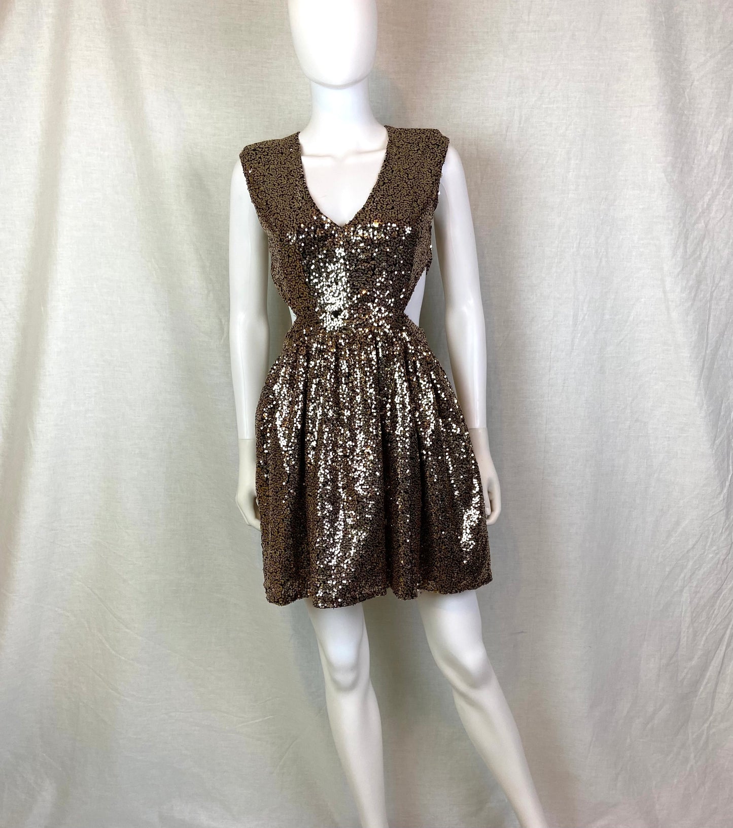 Gold Bronze Sequin Cut Out Dress ABBY ESSIE STUDIOS