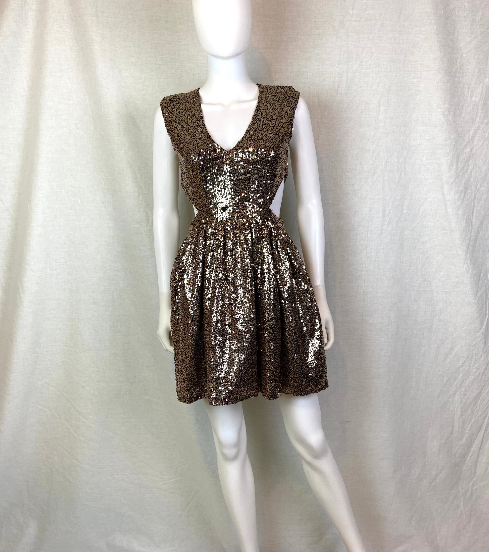 Gold Bronze Sequin Cut Out Dress ABBY ESSIE STUDIOS