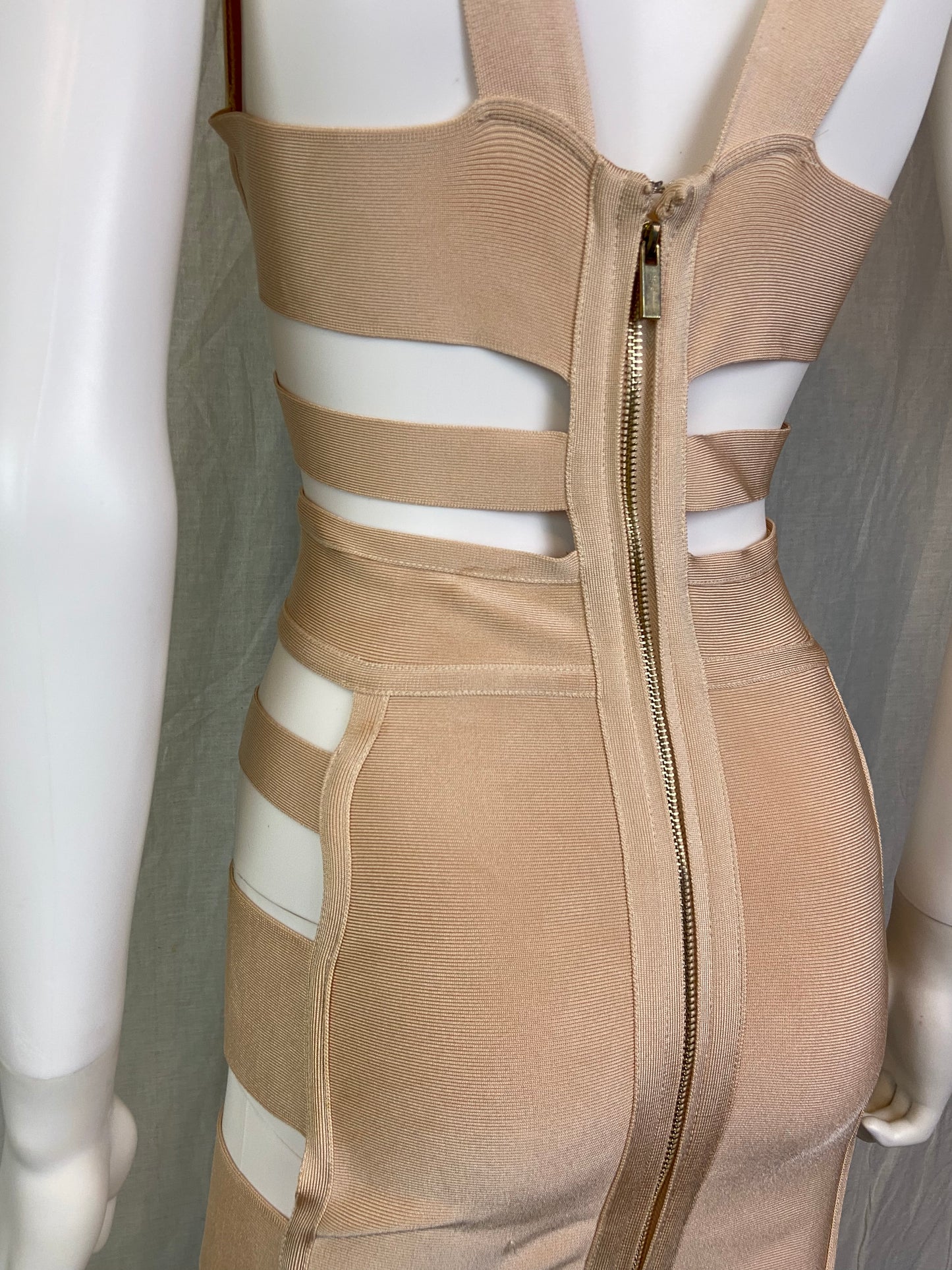Herve Leger style Beige Plunge Cut Out Bandage Mini Dress
