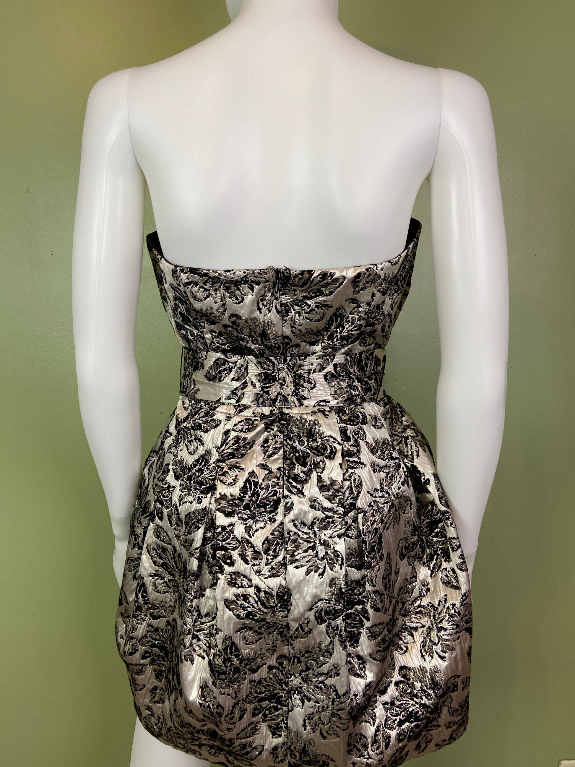 Silver Lame Black Floral Strapless Bustier Bubble Dress Abby Essie
