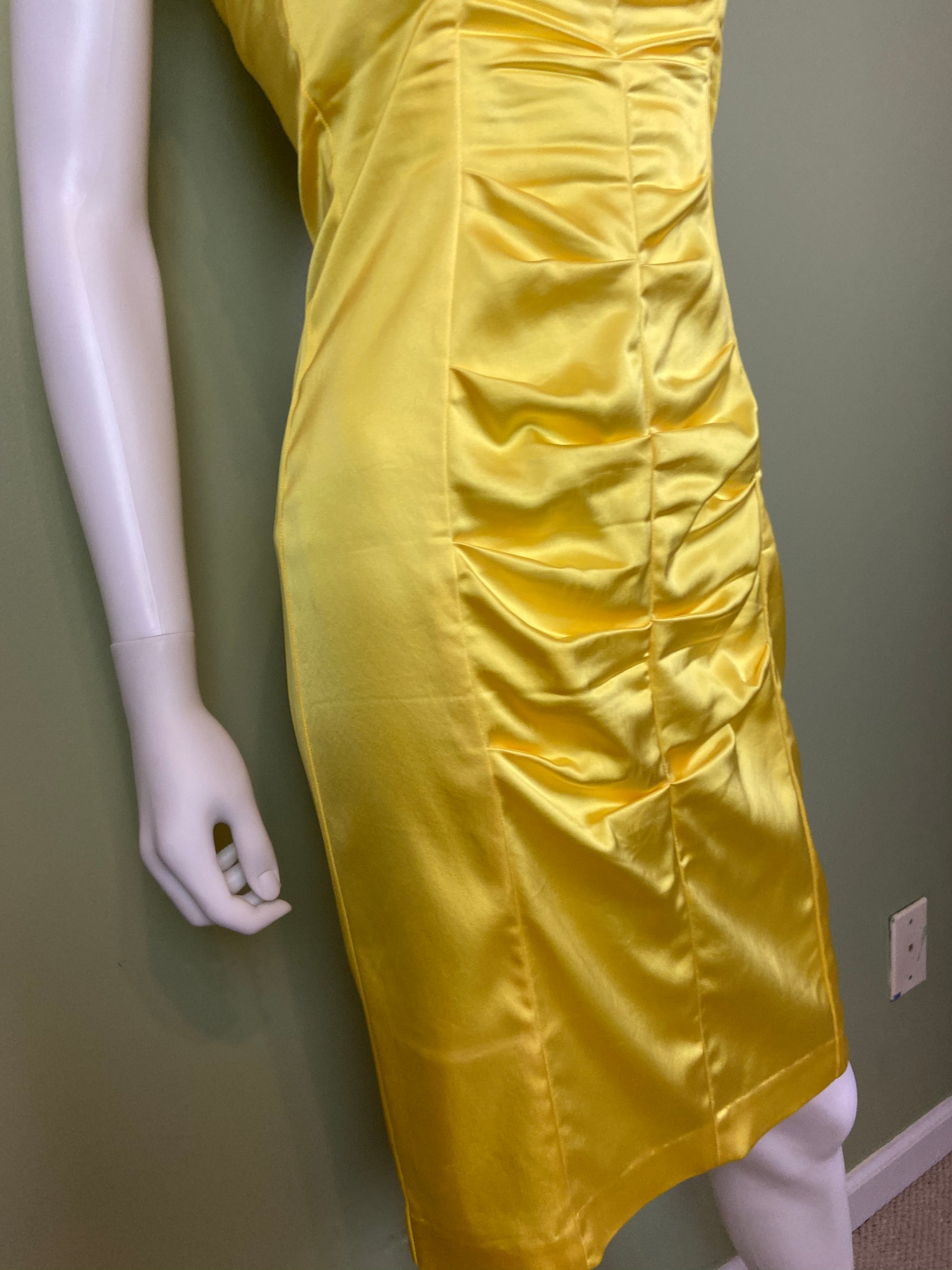 Cache Yellow Stretch Satin Ruche Corset Dress Abby Essie