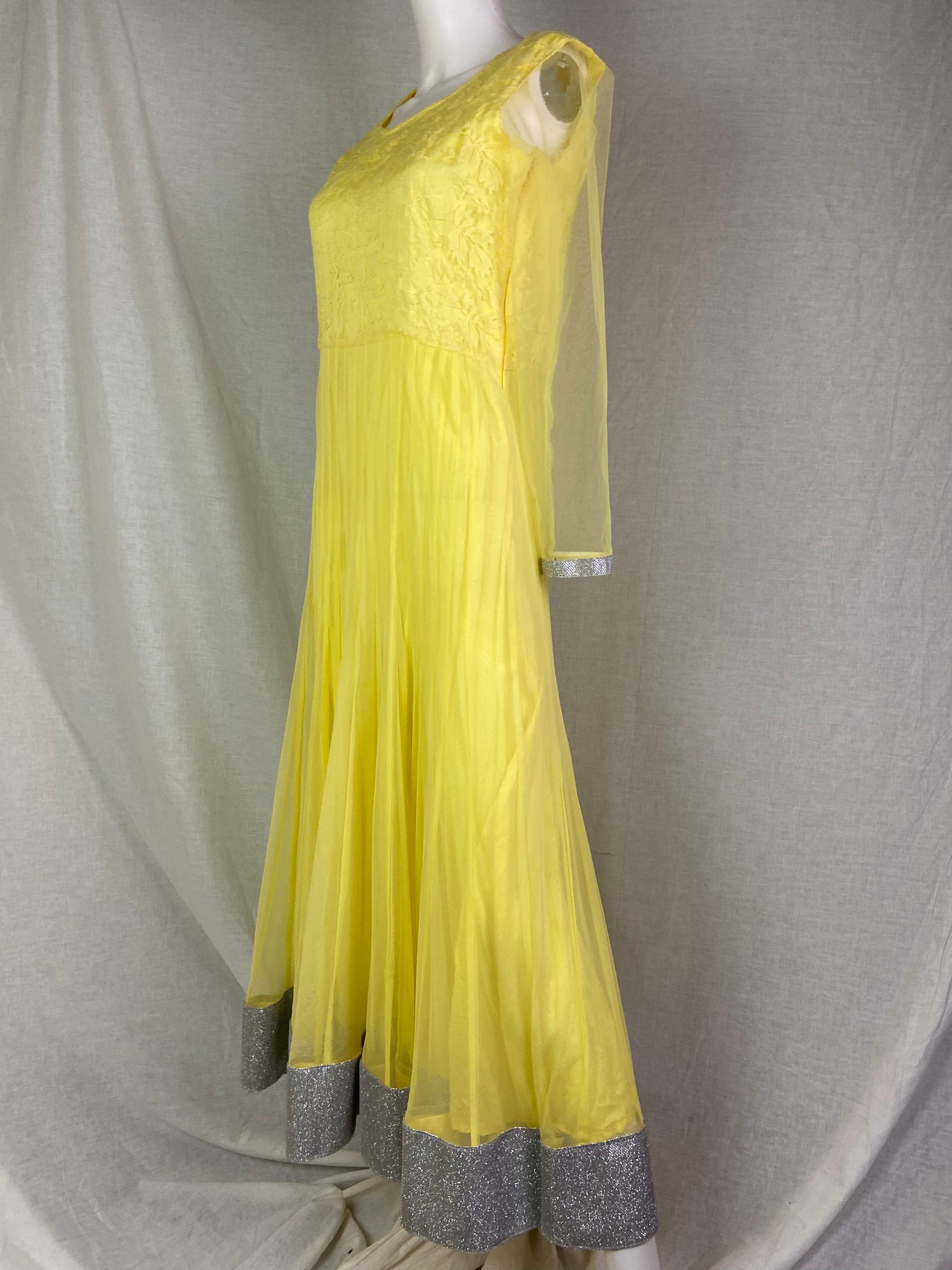 Indian Yellow Lace Sheer Pleated Dress ABBY ESSIE STUDIOS