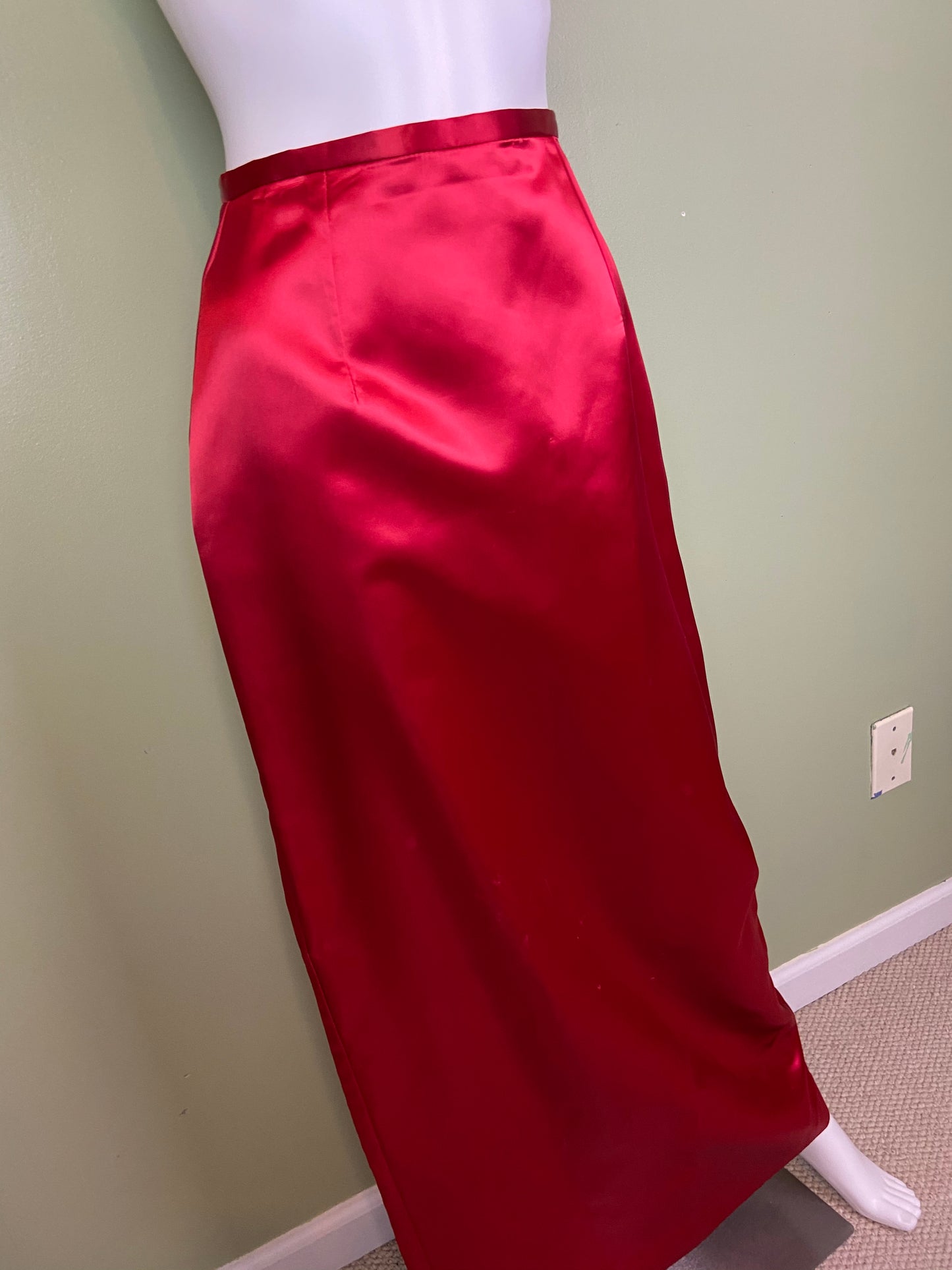 Long Red Satin Tuxedo Column Skirt ABBY ESSIE Designer & Vintage