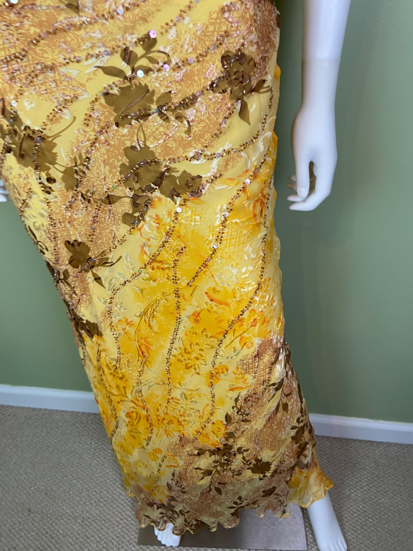 [SOLD] Ethereal Floral Festival Beaded Sequin Yellow Silk Maxi Dress