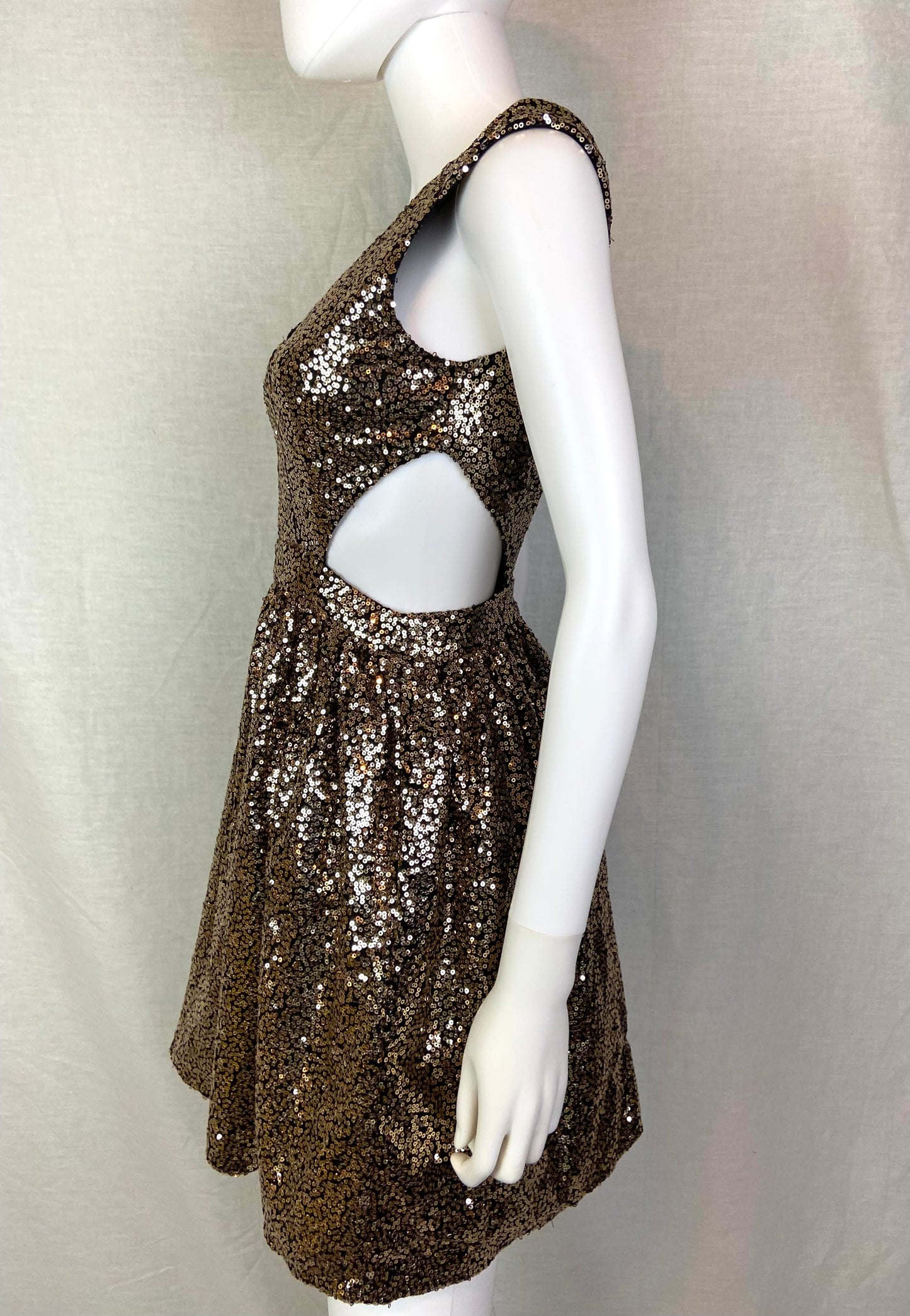 Gold Bronze Sequin Cut Out Dress ABBY ESSIE STUDIOS
