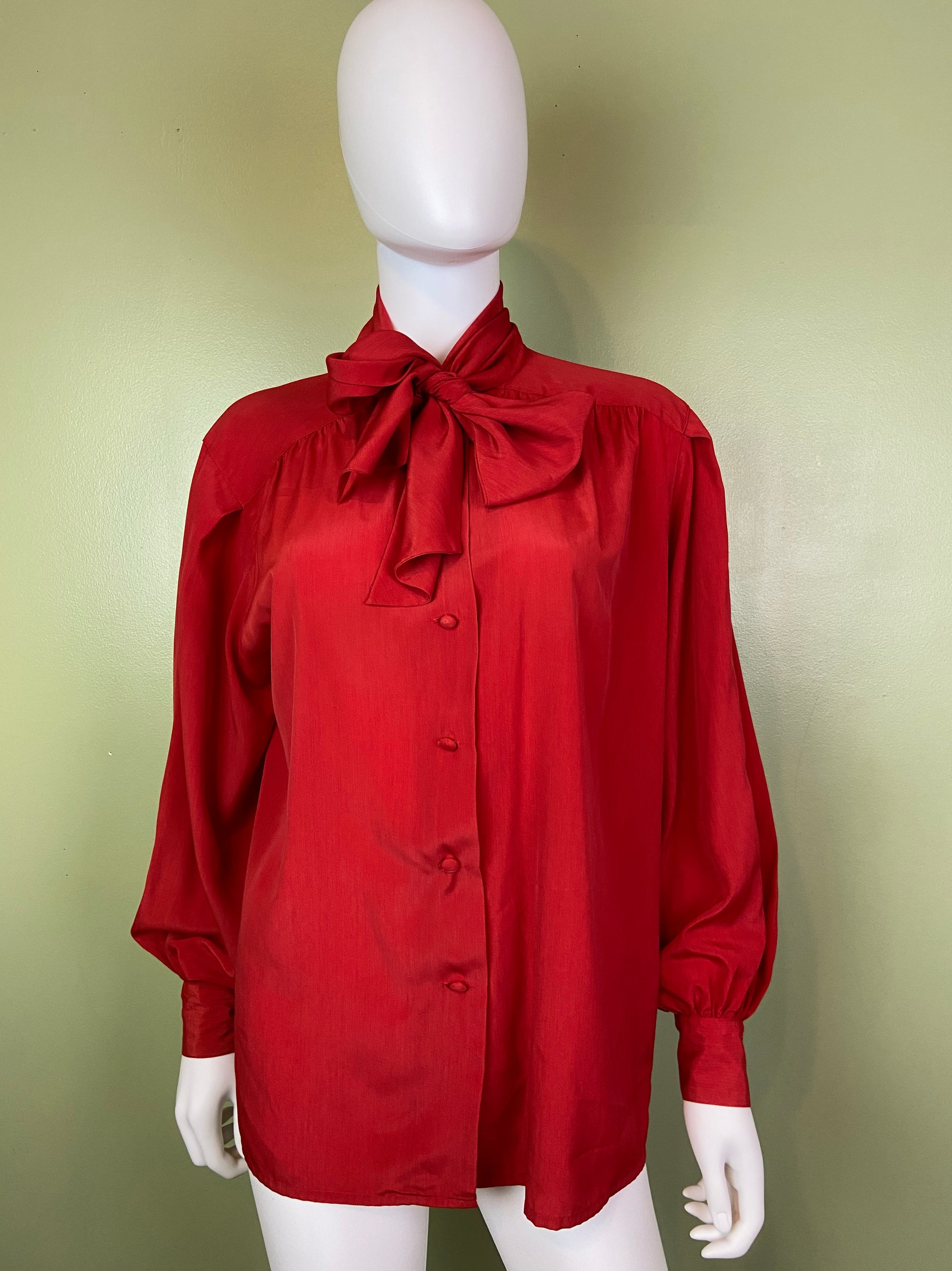 Vintage Red Kitten Bow Silky Blouson Sleeve Career Cocktail Abby Essie