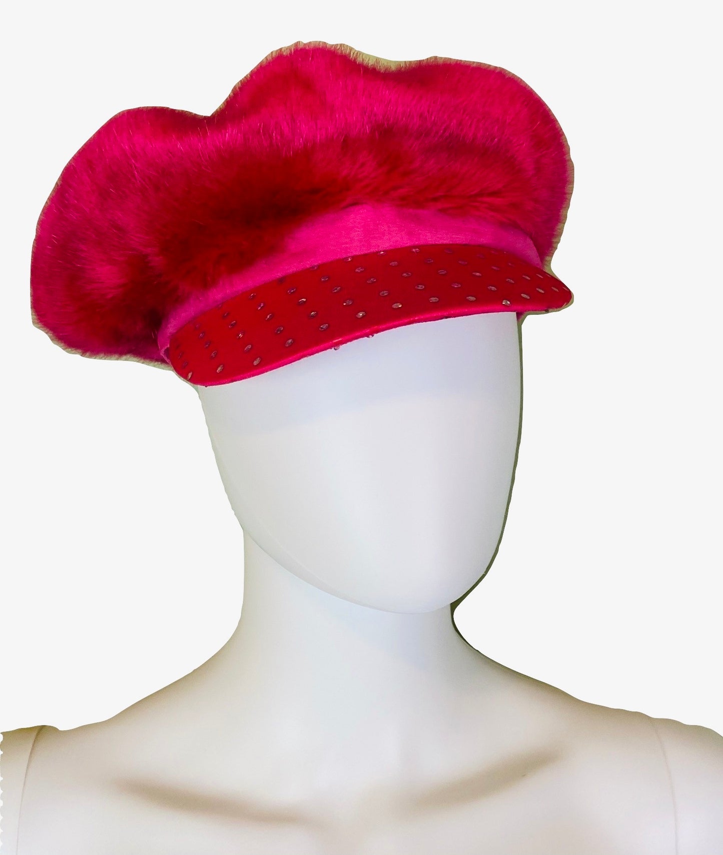 Hot Pink Faux Fur Bejeweled Rhinestone Cap Hat