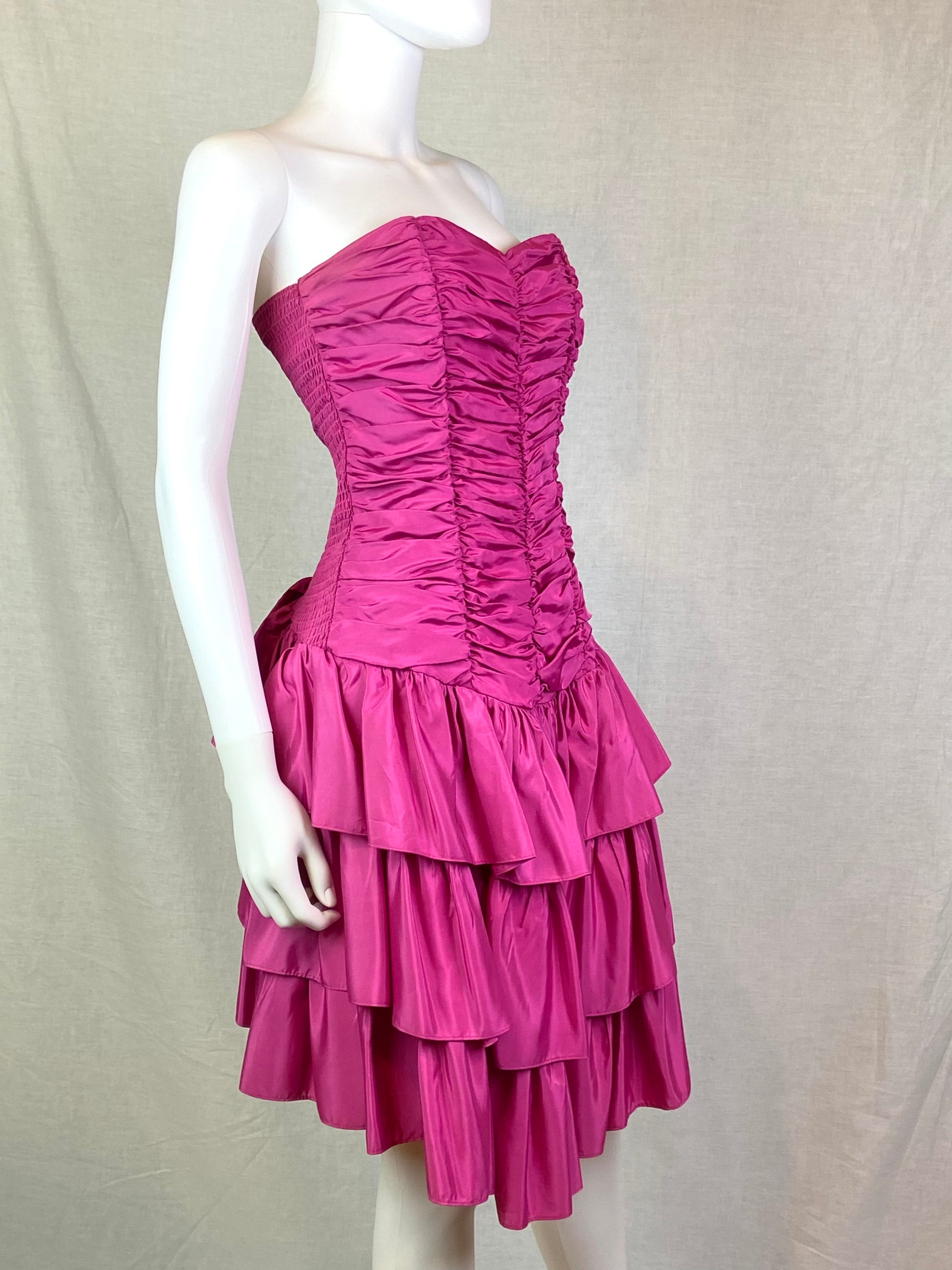 Vintage Positively ELLYN Hot Pink Satin Ruche Ruffle Dress ABBY ESSIE STUDIOS