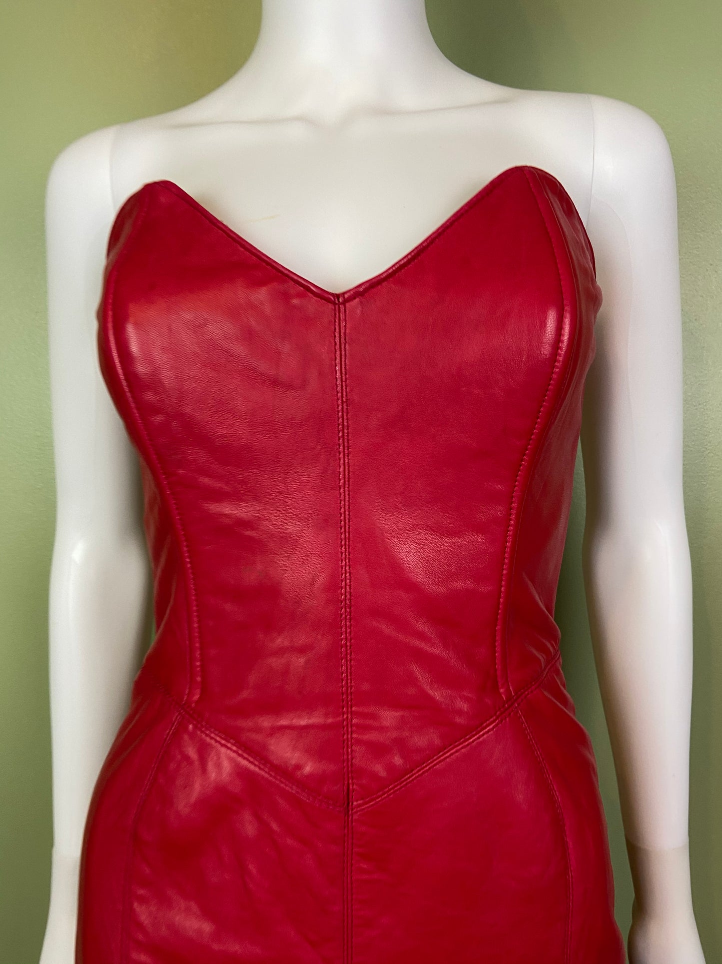 [SOLD] Vintage Michael Hoban Red Leather Bustier Ruffle Mini Dress