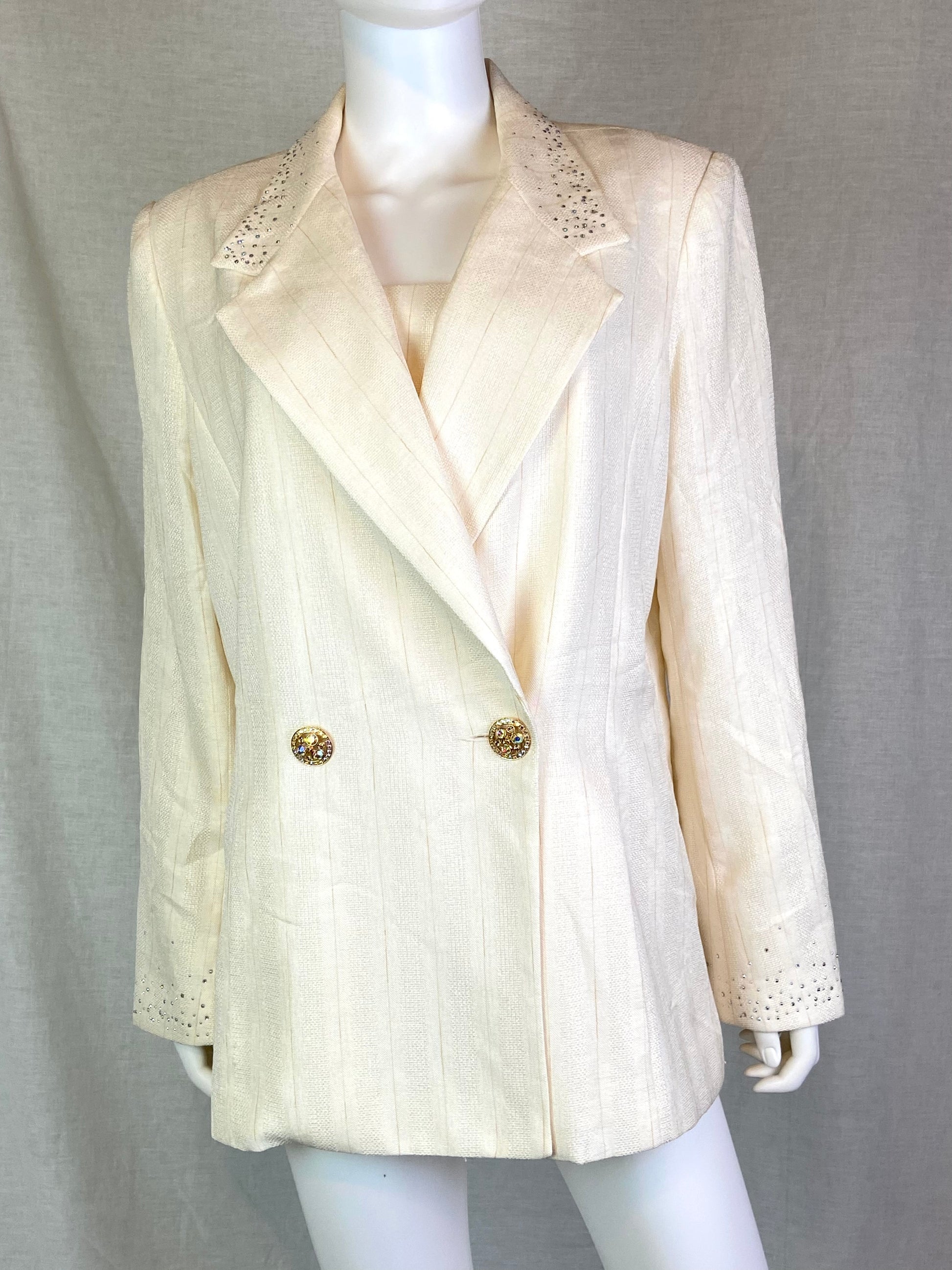 Lily & Taylor Cream White Striped Rhinestone Blazer Jacket ABBY ESSIE STUDIOS