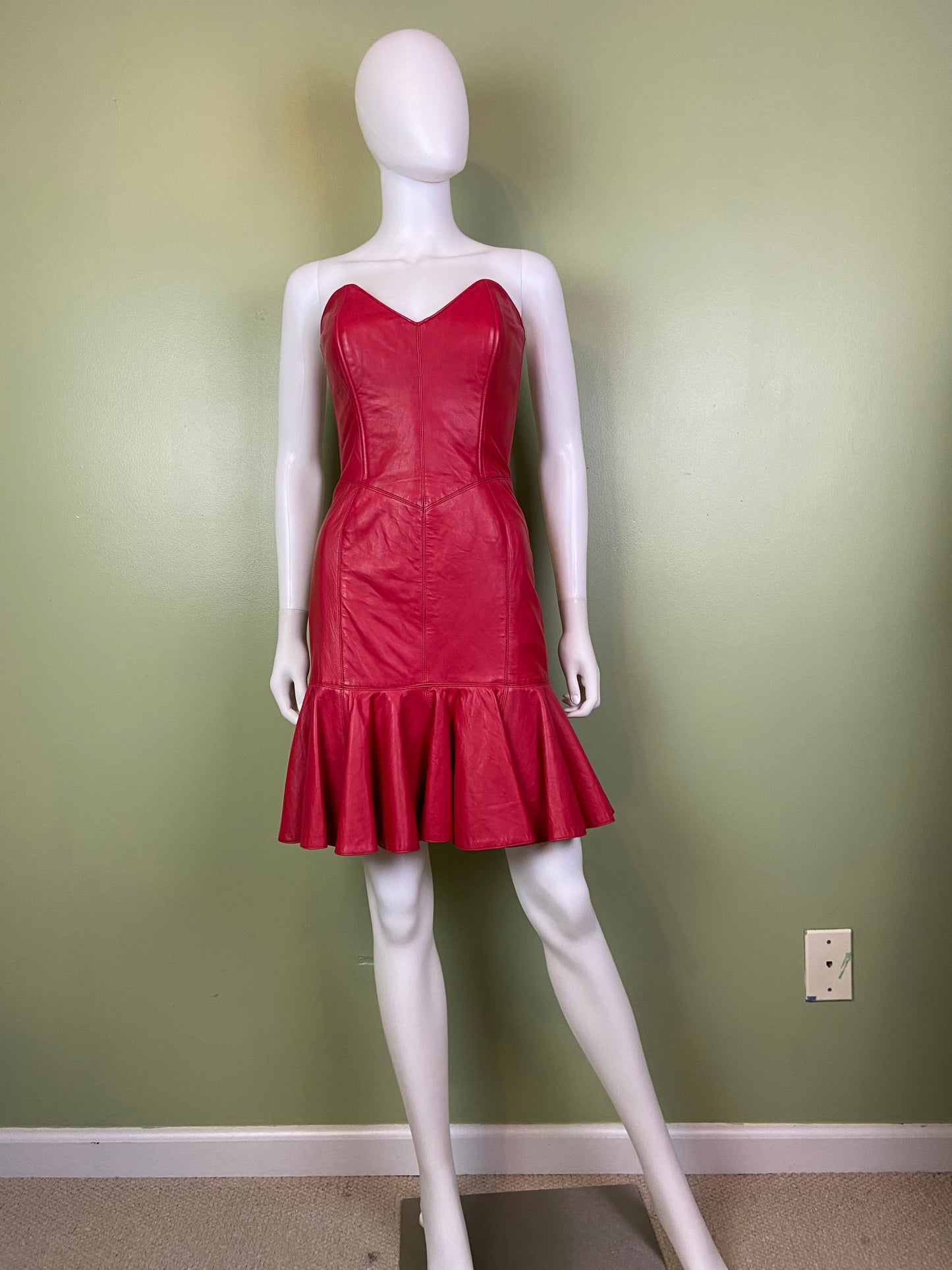 [SOLD] Vintage Michael Hoban Red Leather Bustier Ruffle Mini Dress