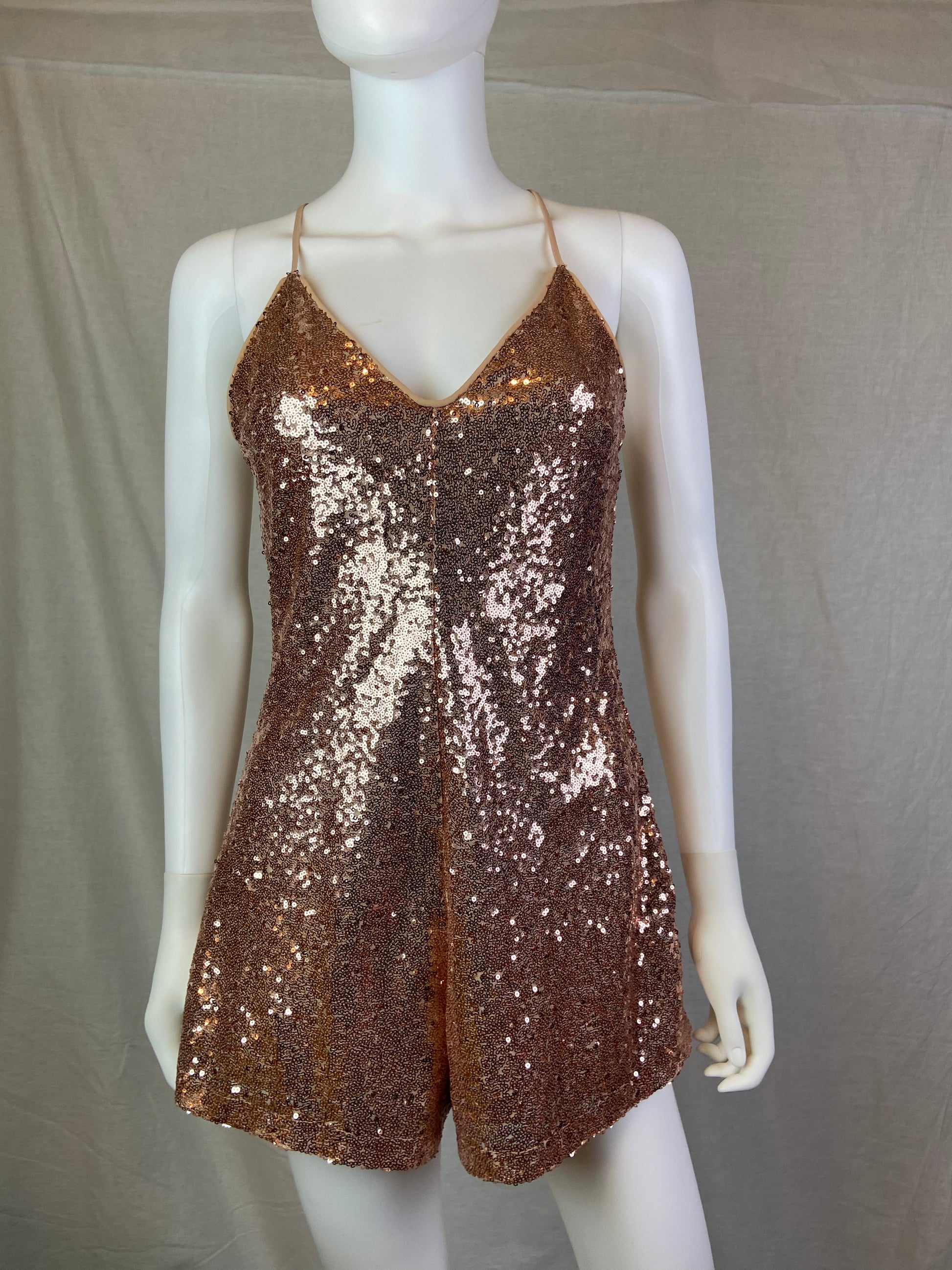 Forever 21 Champagne Gold Sequin Cocktail Shorts Romper ABBY ESSIE STUDIOS