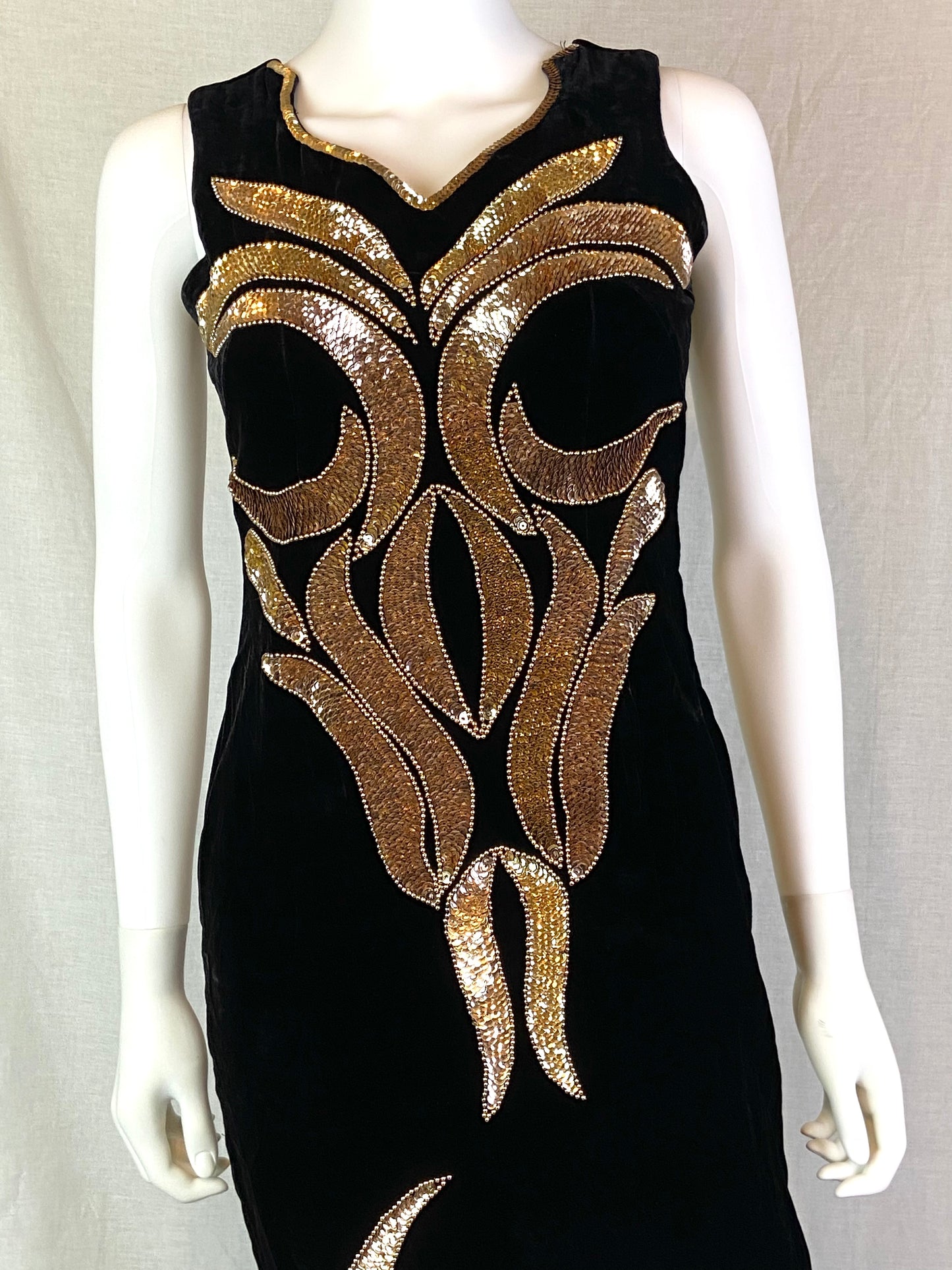 Vtg Black Velvet Gold Sequin Column Gown ABBY ESSIE STUDIOS