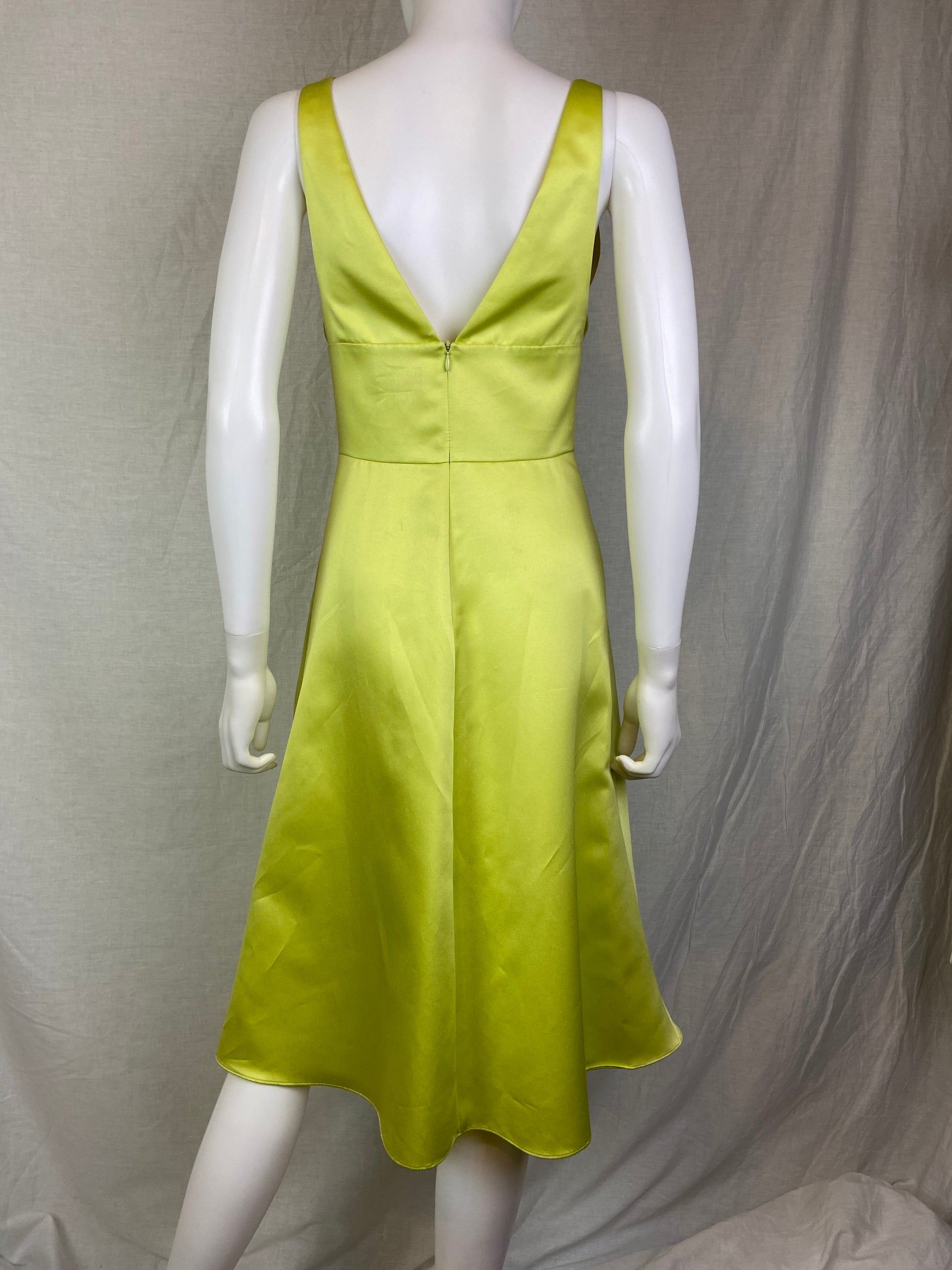 David Meister Lime Green Chartreuse Satin Plunge Dress ABBY ESSIE STUDIOS