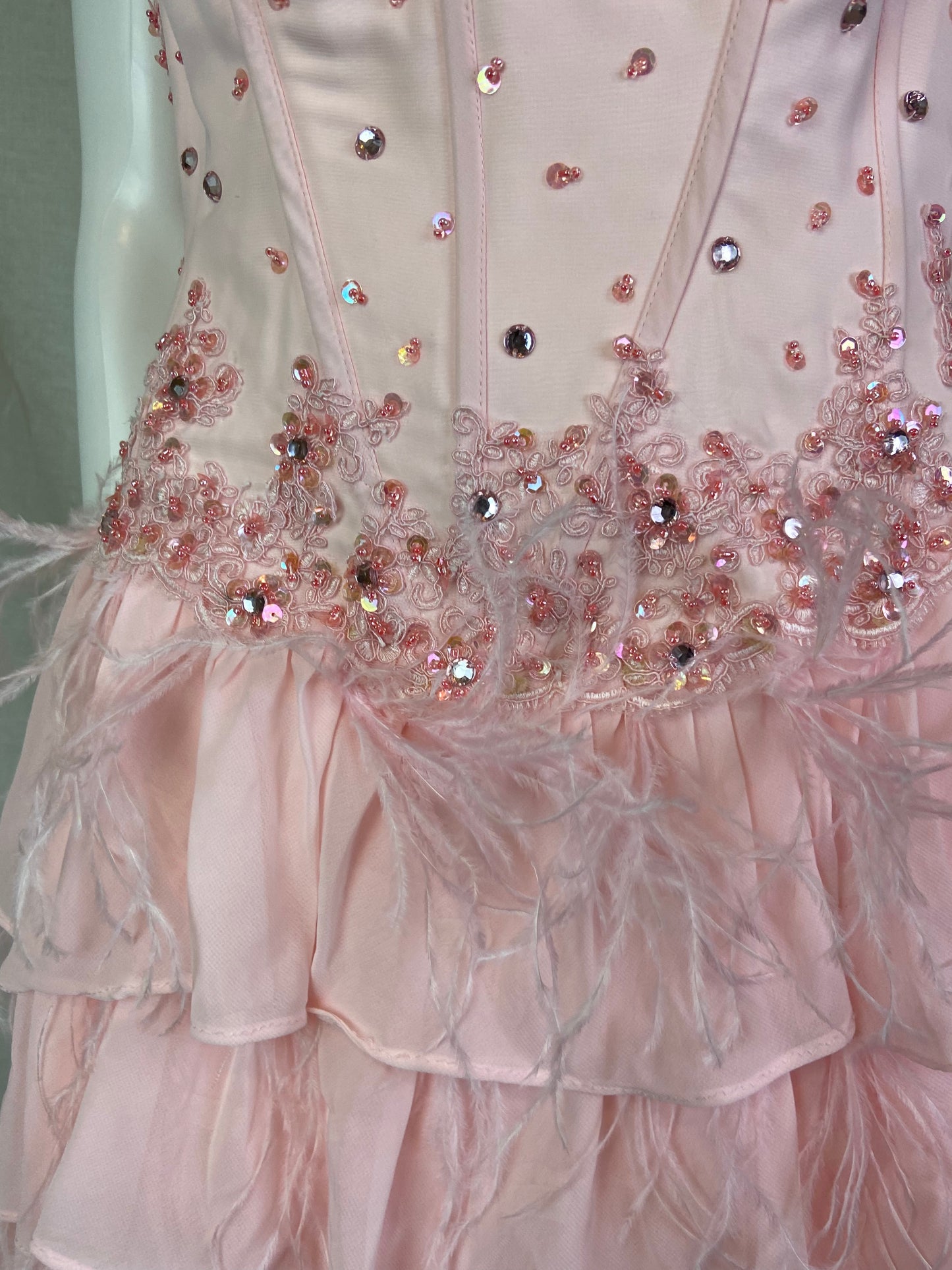 Pink Bustier Rhinestone Feather Boa Ruffle Gown