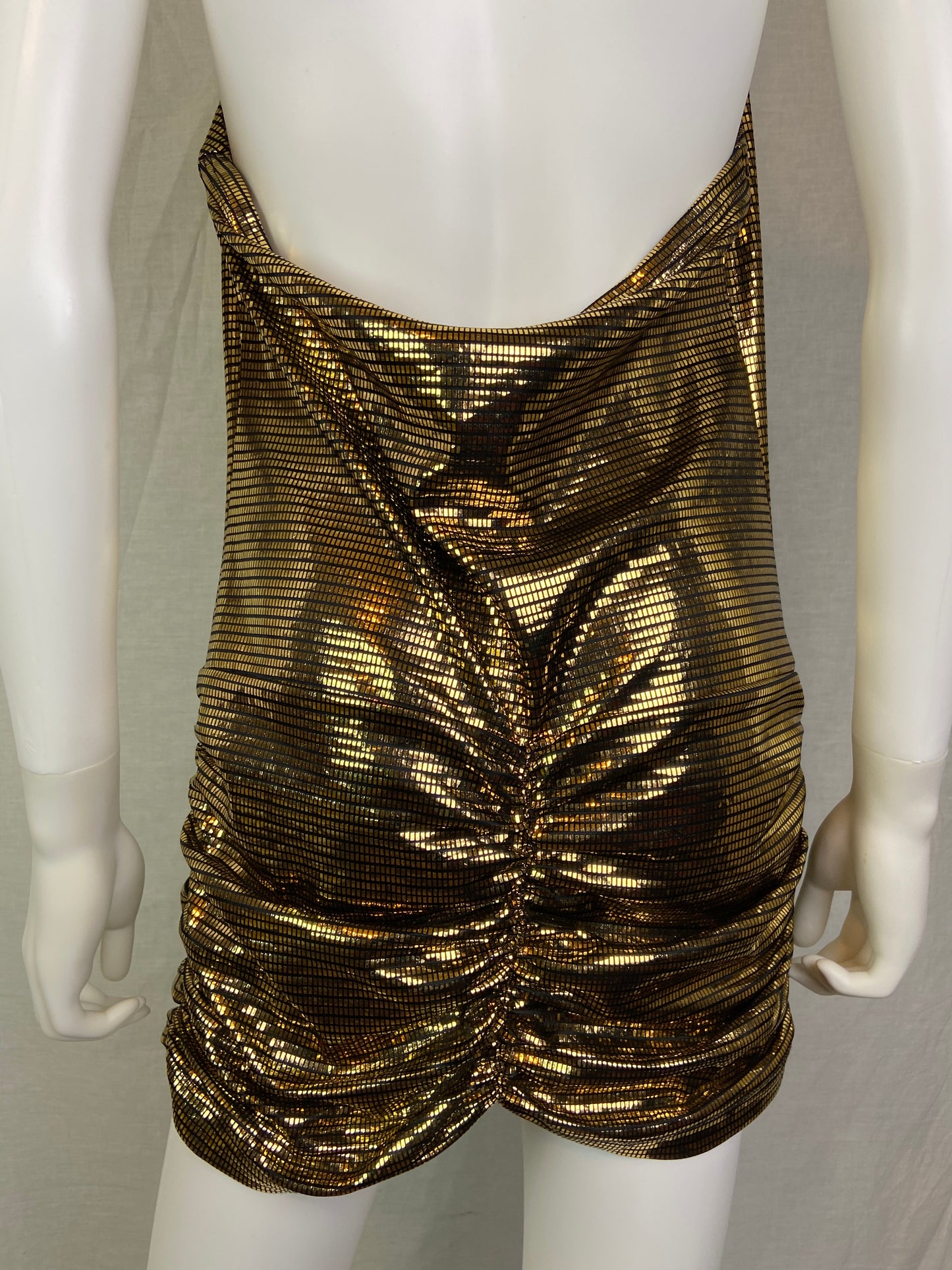 Vintage 80s Gold Lame Glitter Halter Ruche Cocktail Mini Dress
