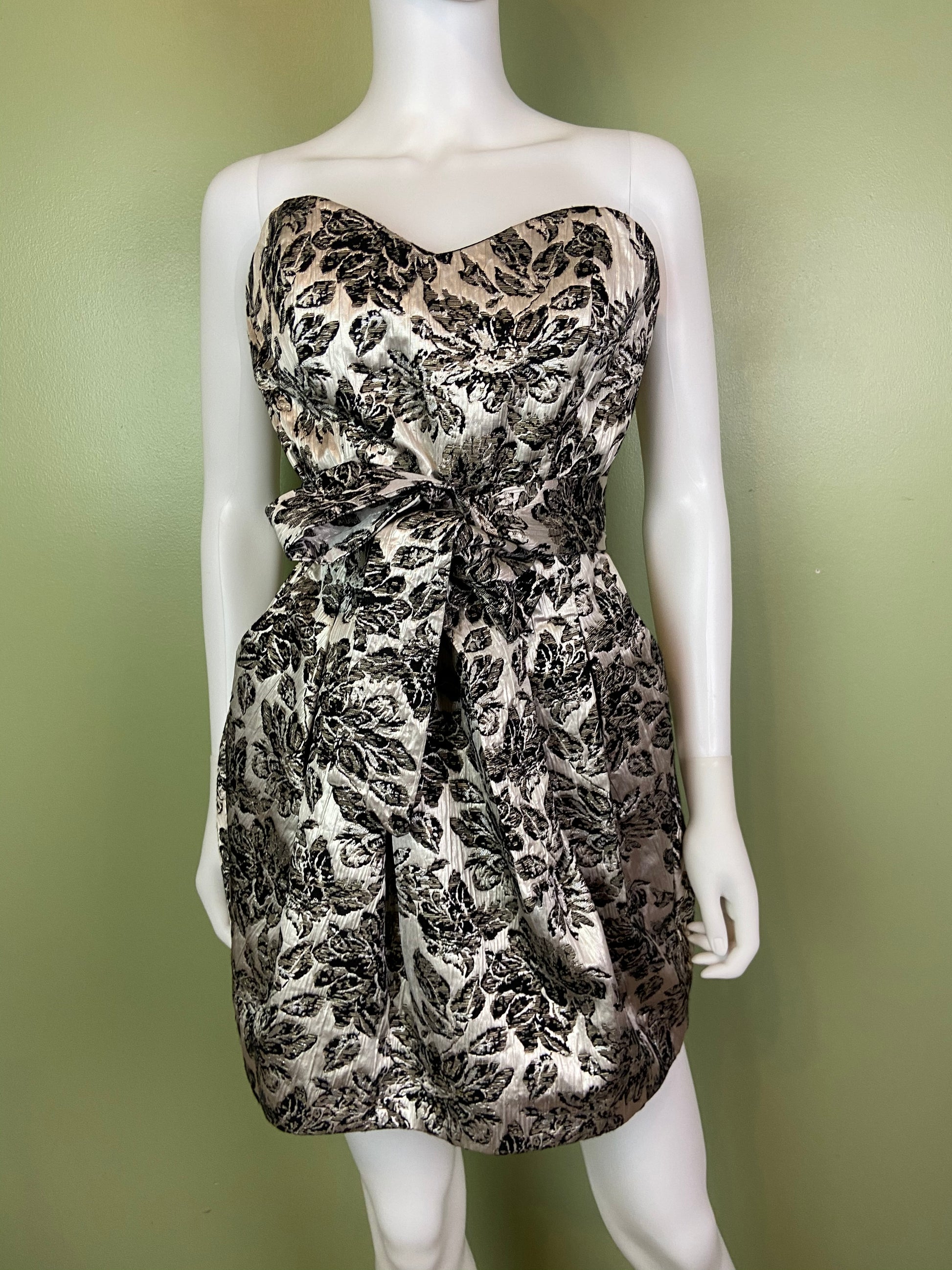 Silver Lame Black Floral Strapless Bustier Bubble Dress Abby Essie