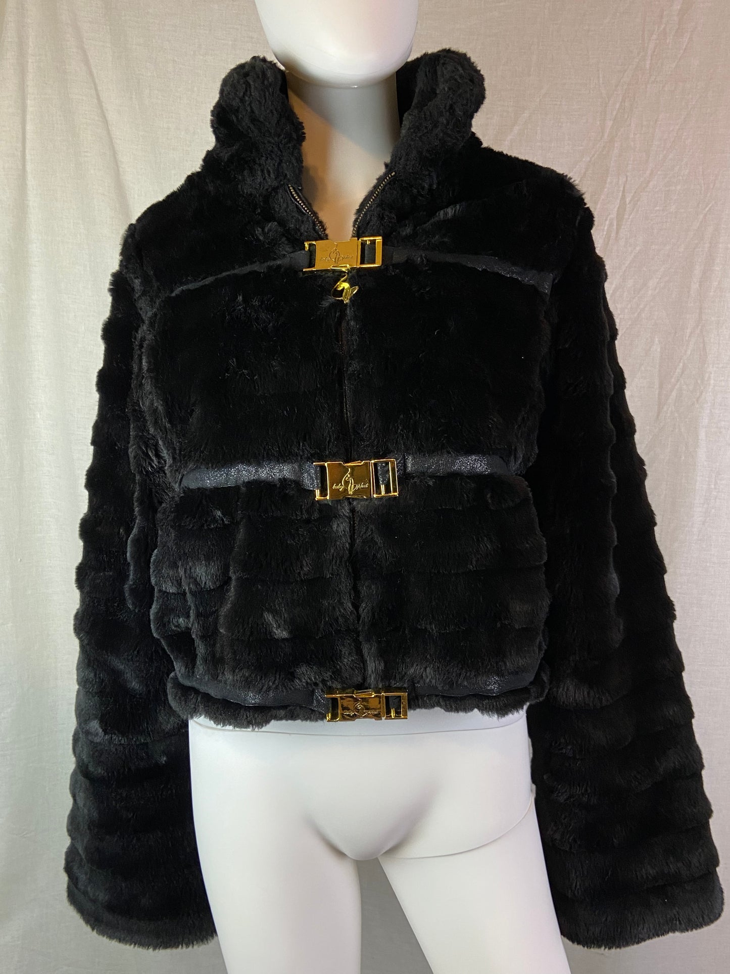 Baby Phat Black Faux Fur Gold Coat ABBY ESSIE STUDIOS