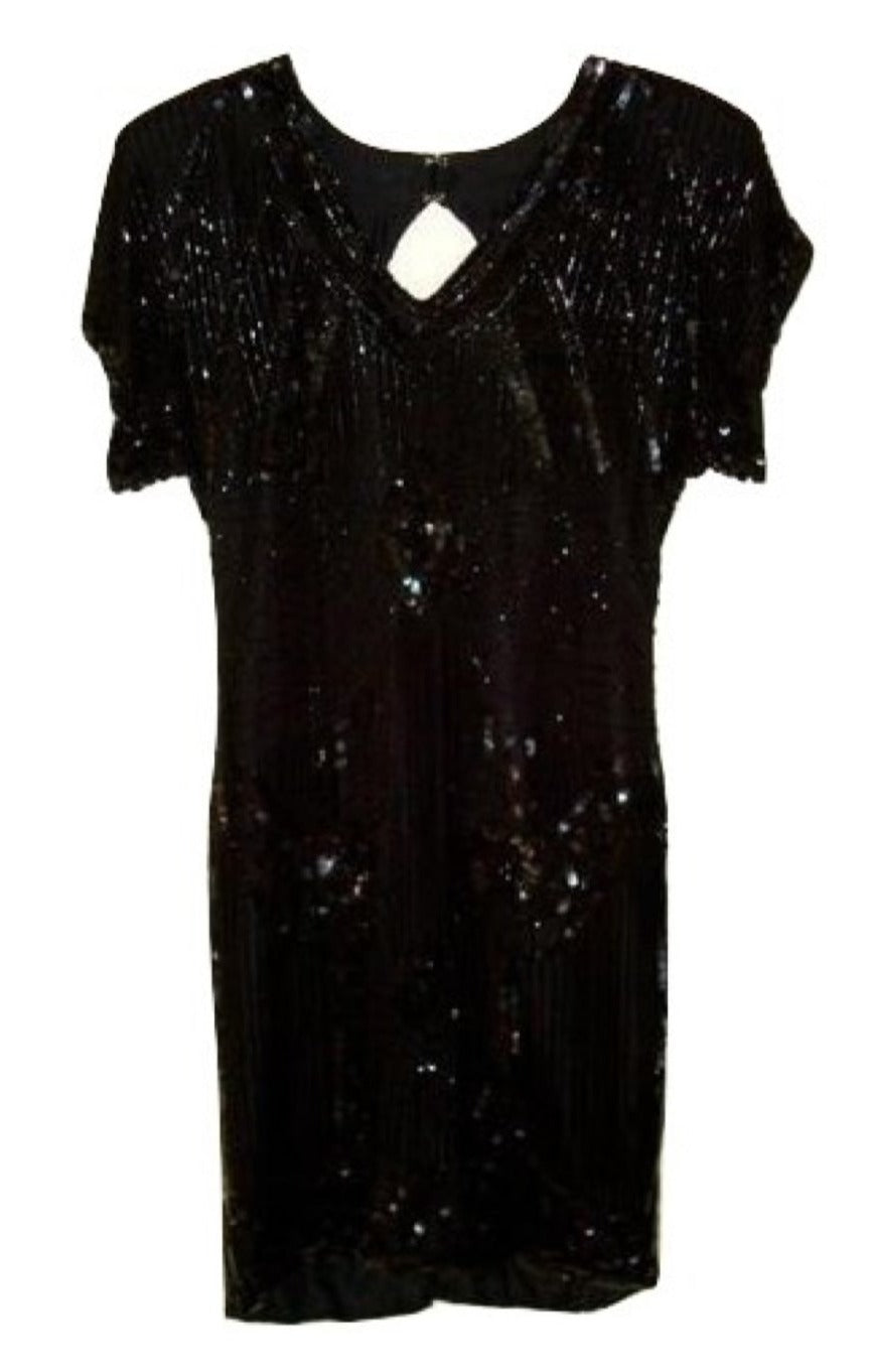 Vtg Black Sequined Beaded Silk Cocktail Flapper Great Gatsby Dress