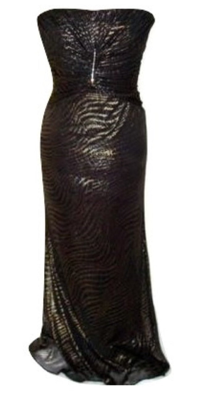 Vintage Black & Gold Ruched Strapless Stretch Dress/ Rhinestone