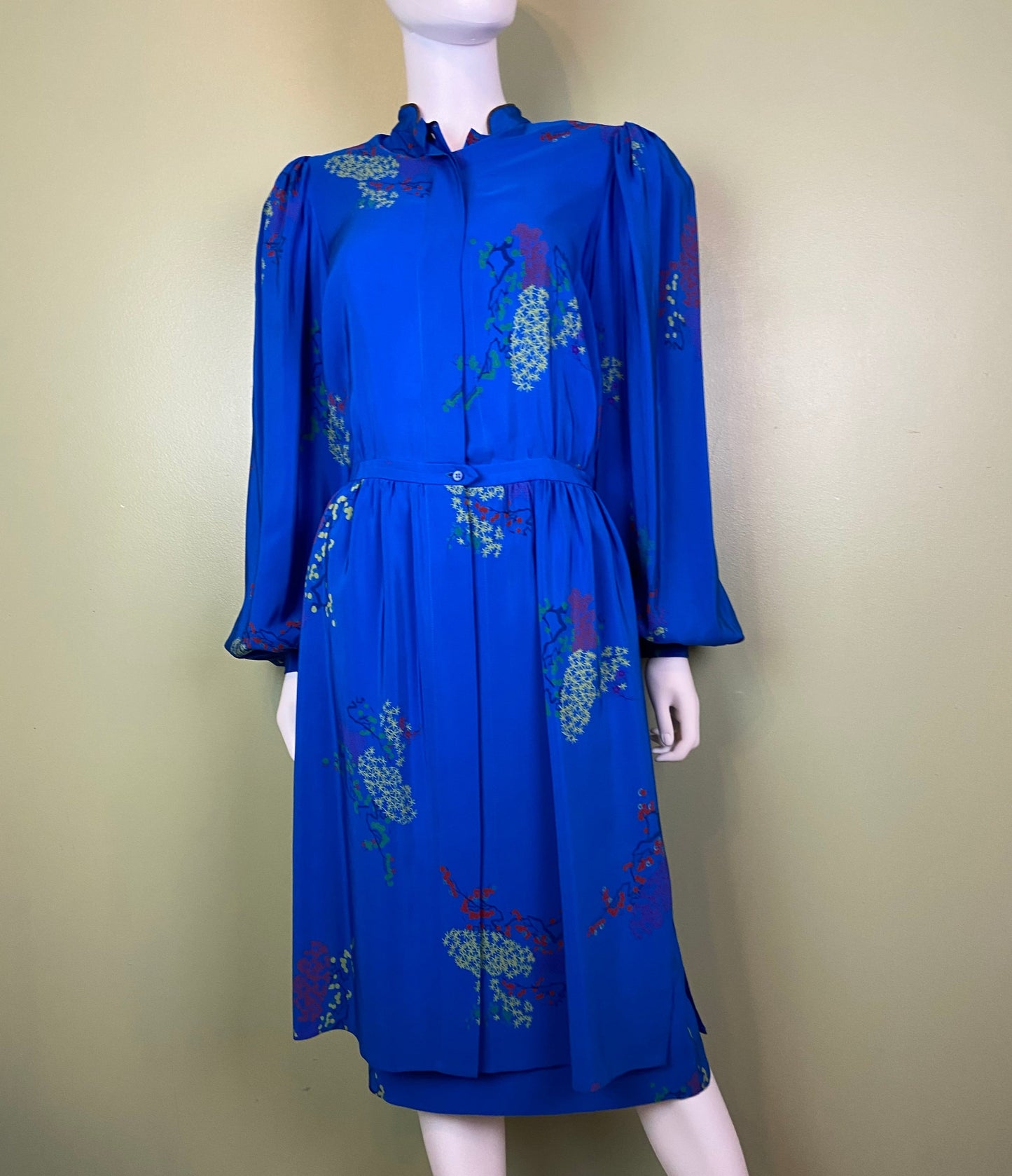 LANVIN Vintage Floral Royal Blue Silk Dress with Skirt