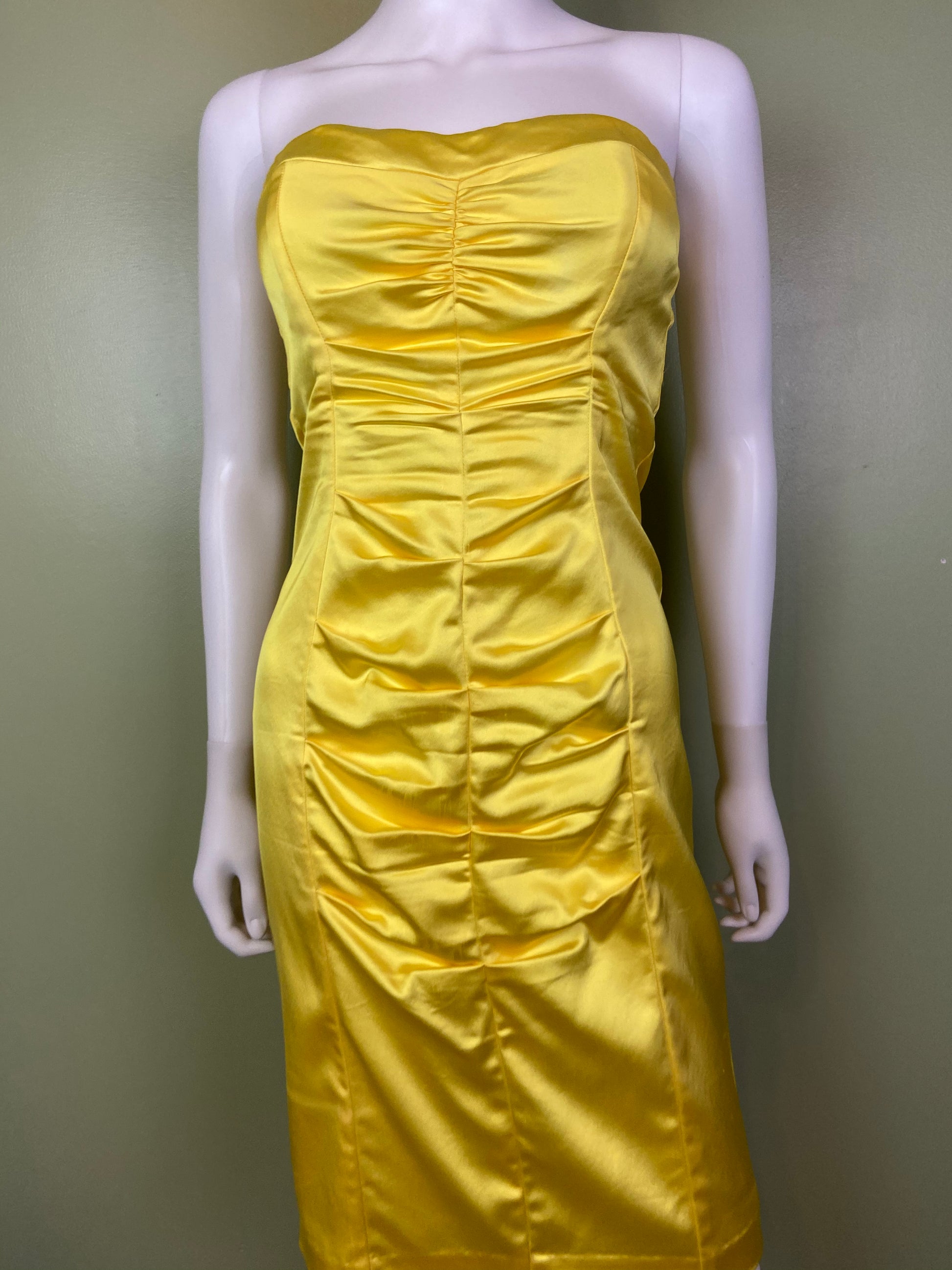 Cache Yellow Stretch Satin Ruche Corset Dress Abby Essie