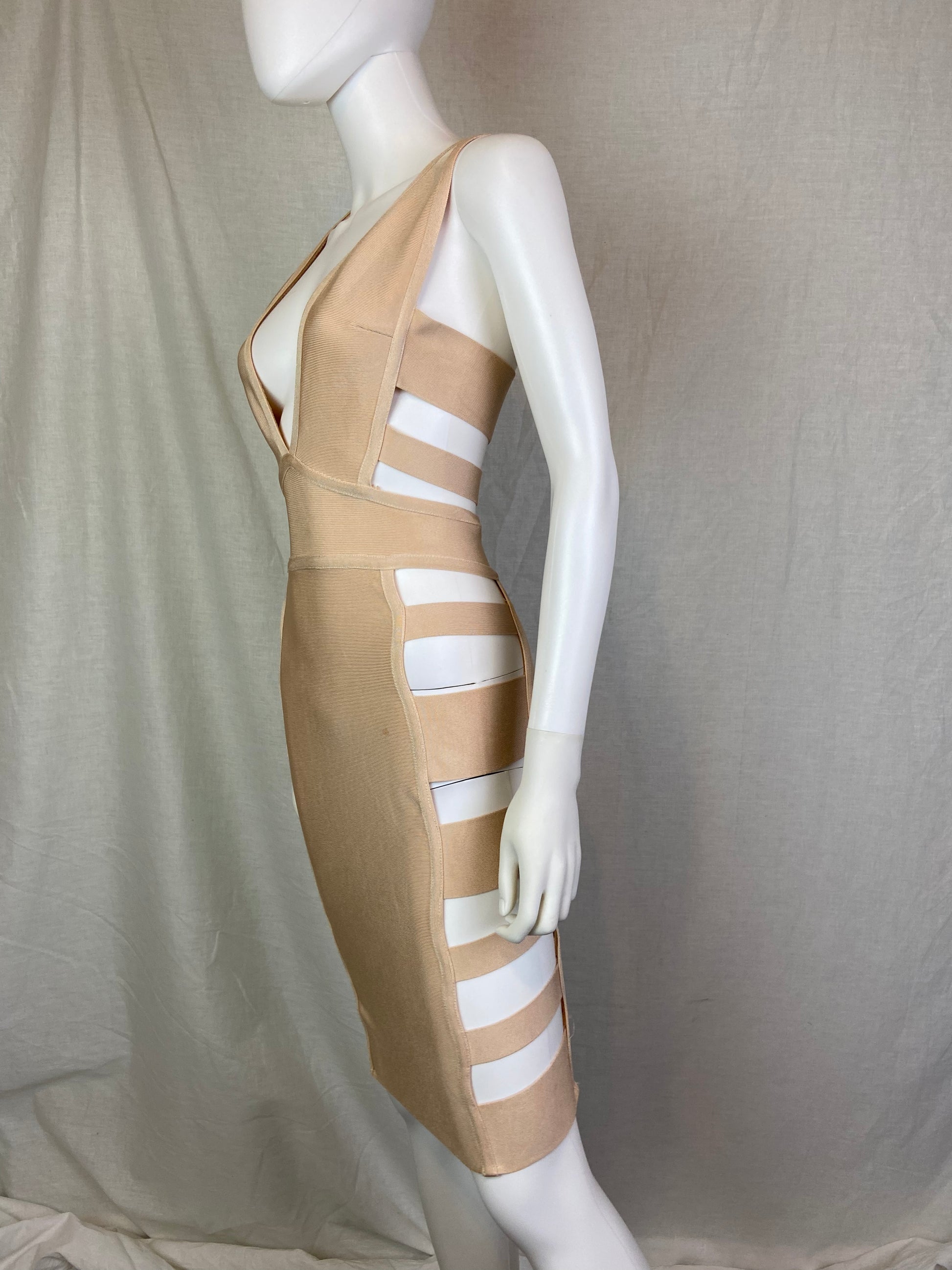 Herve Leger style Beige Plunge Cut Out Bandage Mini Dress ABBY ESSIE STUDIOS