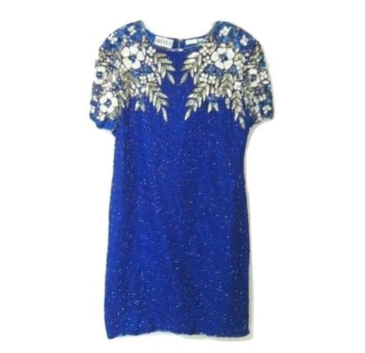 Vintage Royal Blue Silk Sequin Beaded Cocktail Dress Abby Essie