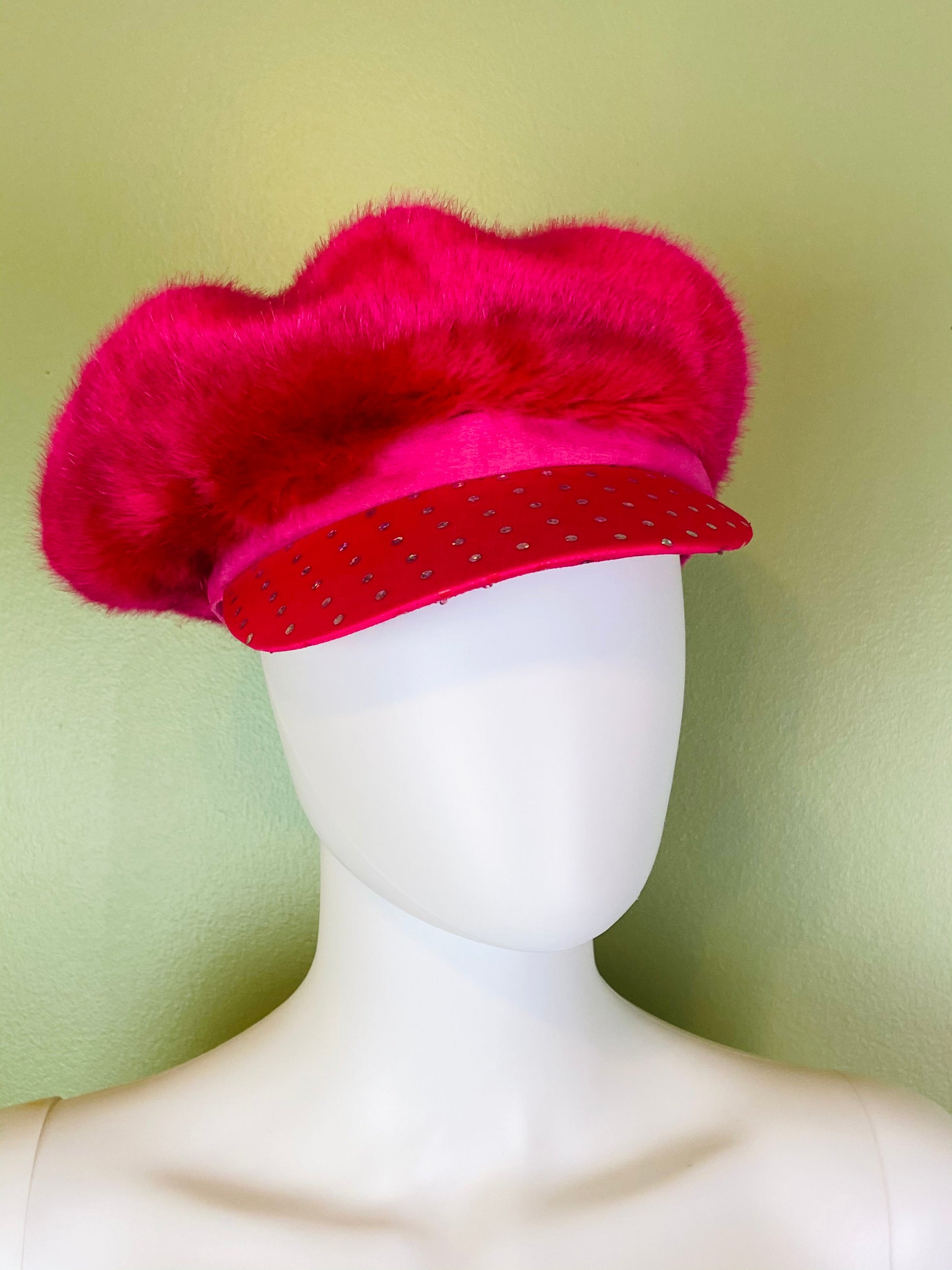 Hot Pink Faux Fur Bejeweled Rhinestone Cap Hat ABBY ESSIE Designer & Vintage