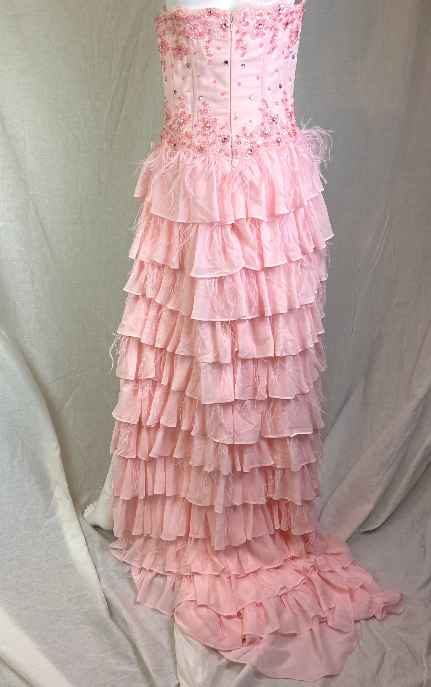 Pink Bustier Rhinestone Feather Boa Ruffle Gown
