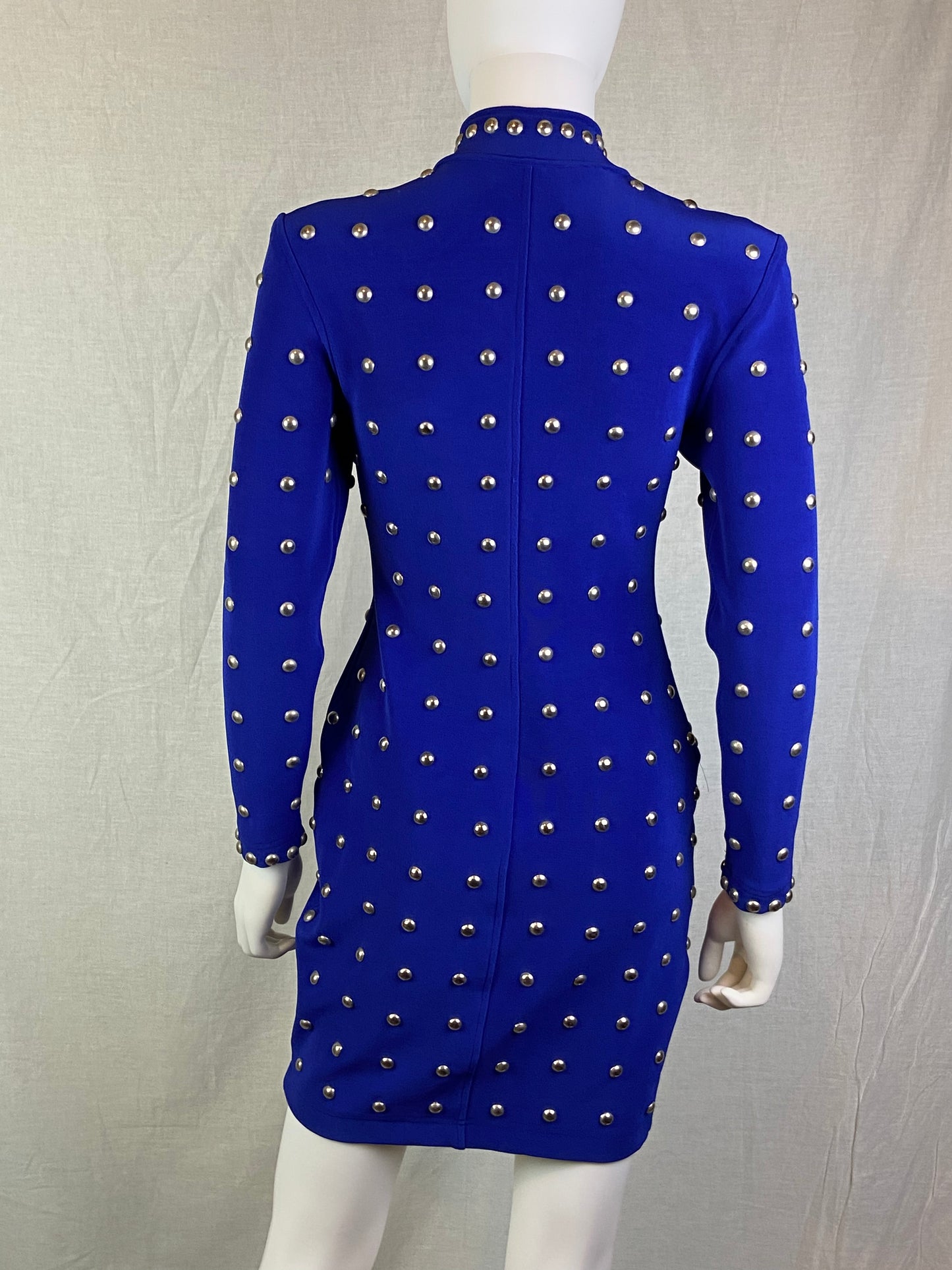 VINTAGE TADASHI ROYAL BLUE SILVER METAL STUDDED BODYCON DRESS ABBY ESSIE STUDIOS