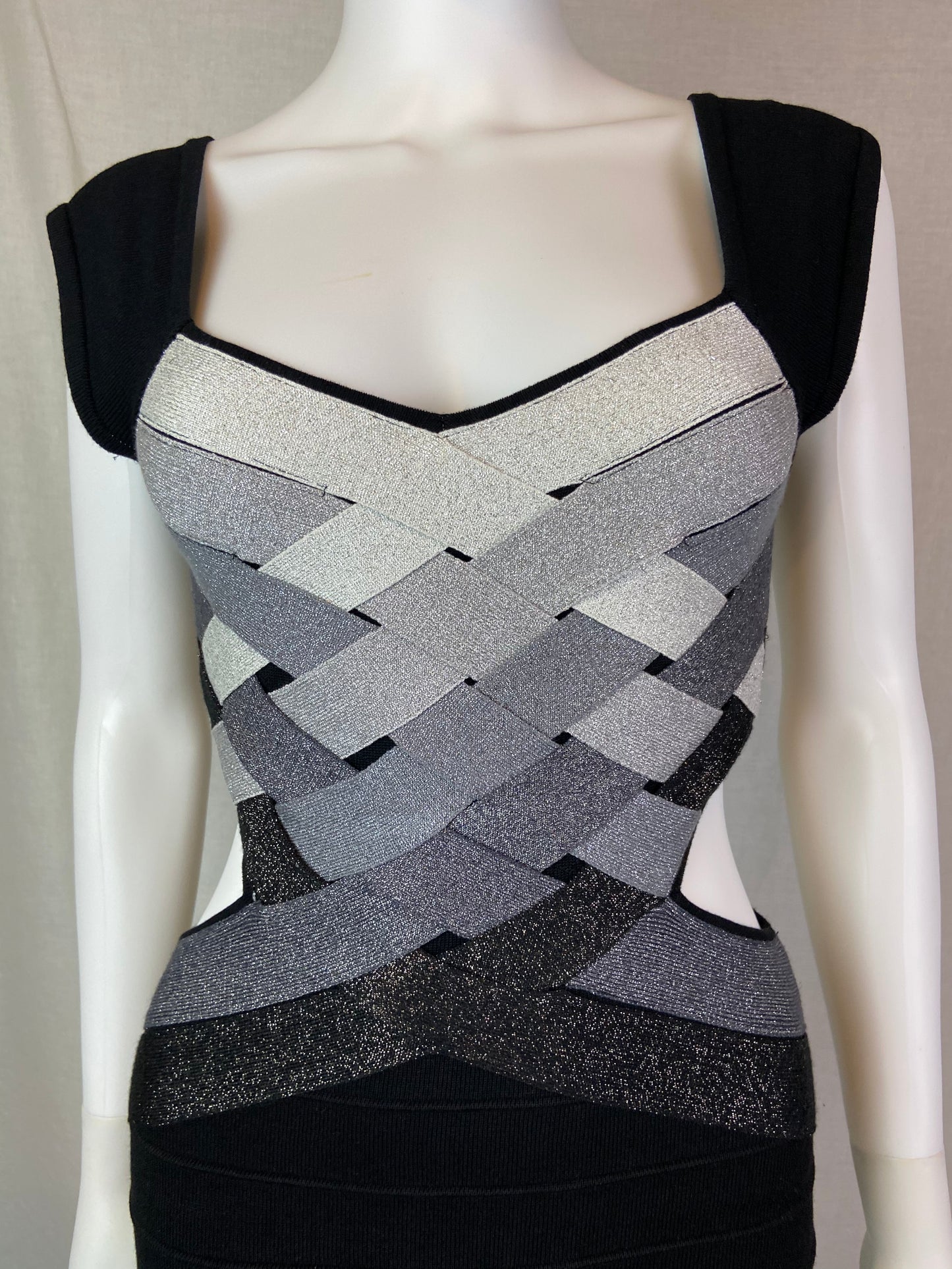 Wow Couture Black Silver Gray Glitter Cut Out Bandage Dress