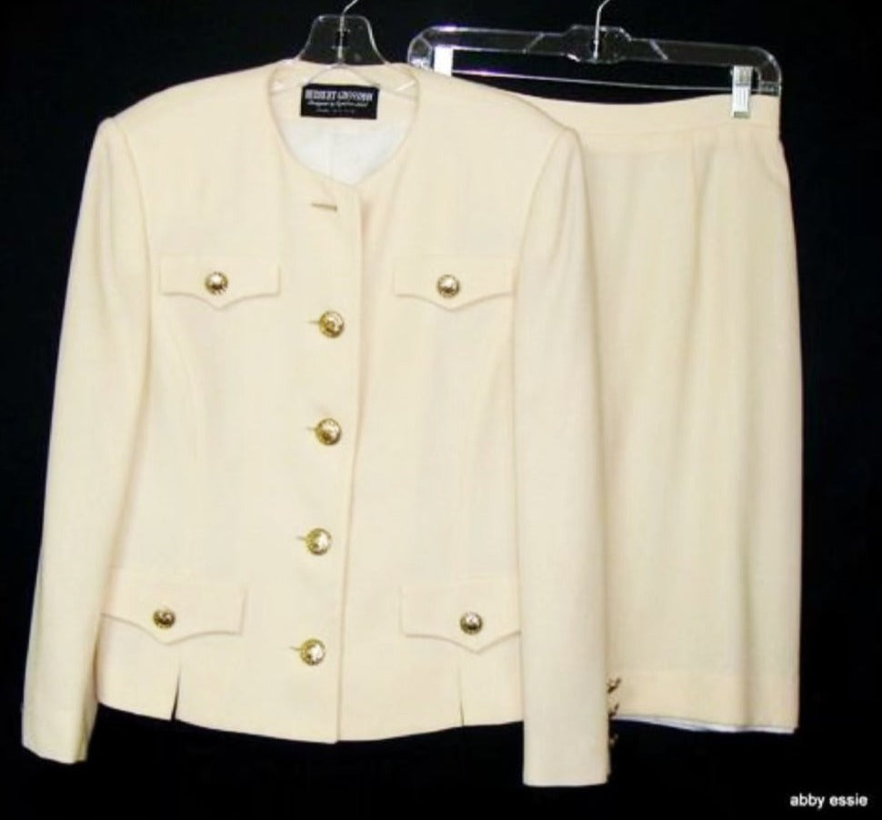 Herbert Grossman Cynthia Sobel Cream Military Style Wool Skirt Suit 12  Large Abby Essie