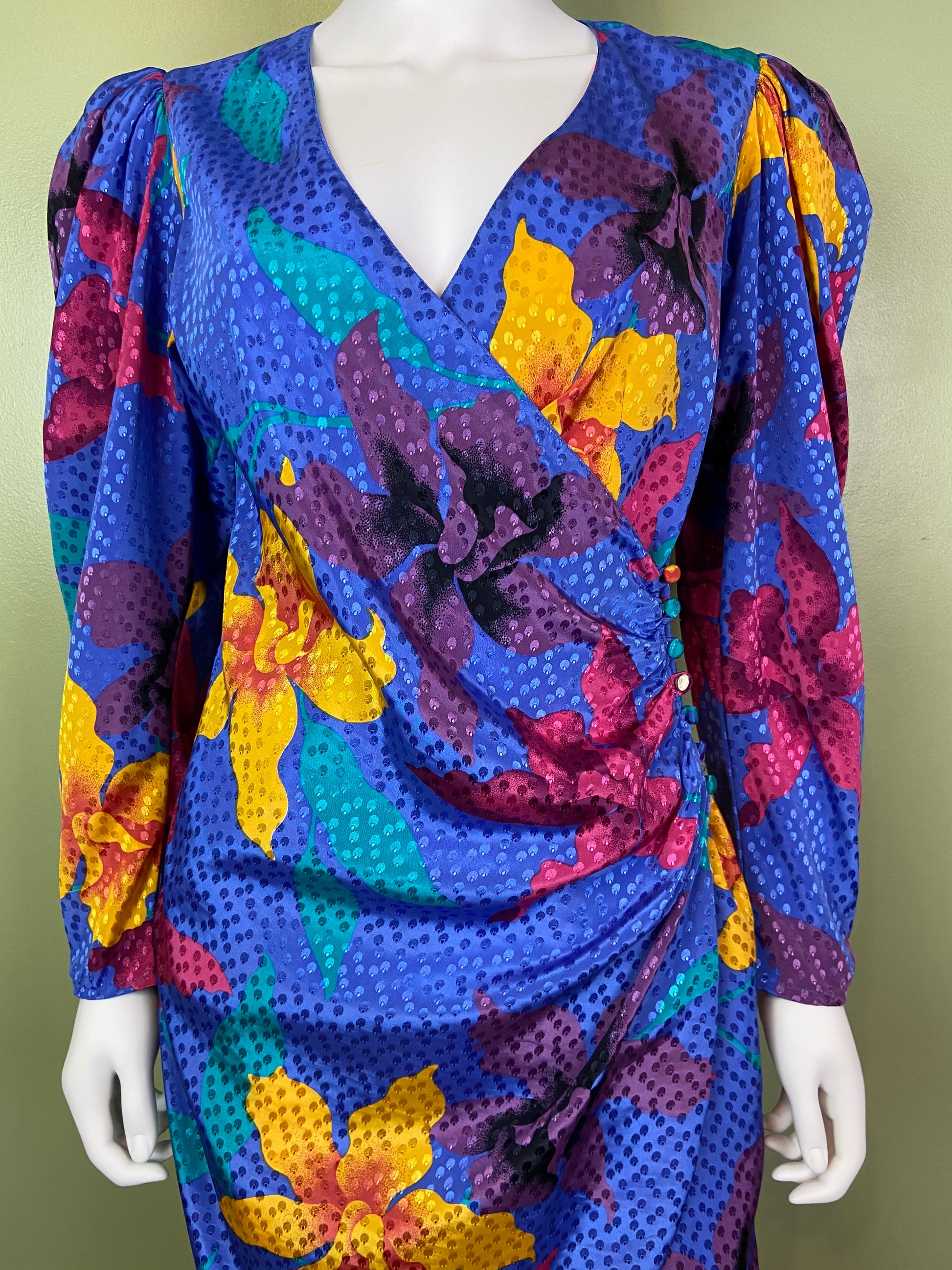 Vintage Silky Blue Floral Wrap Dress ABBY ESSIE Designer & Vintage