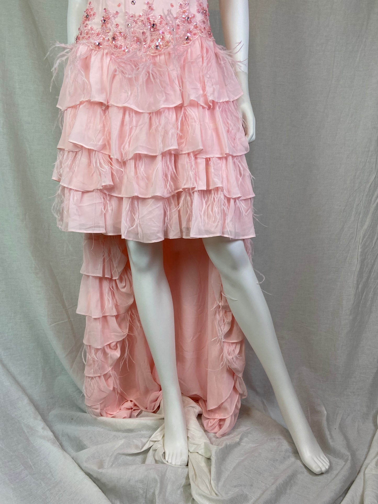Pink Bustier Rhinestone Feather Boa Ruffle Gown