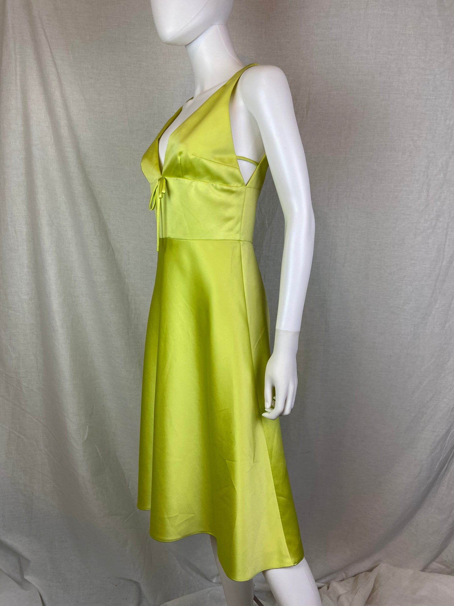 David Meister Lime Green Chartreuse Satin Plunge Dress ABBY ESSIE STUDIOS