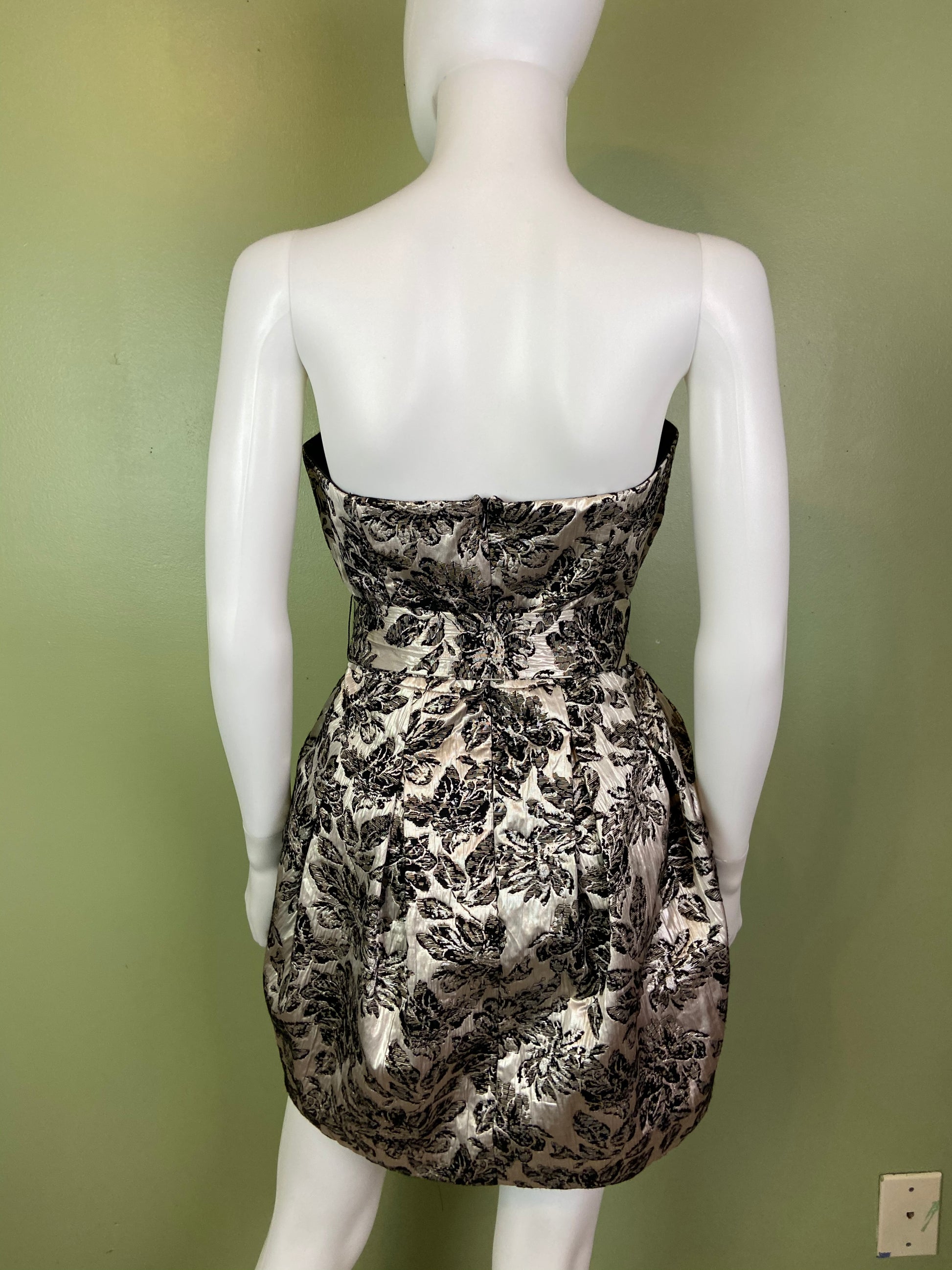 Silver Lame Black Floral Strapless Bustier Bubble Dress Abby Essie
