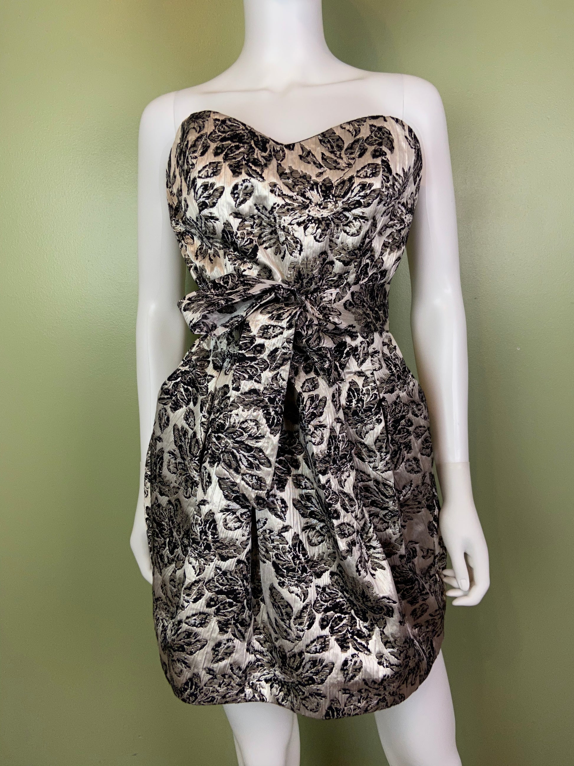 Silver Lame Black Floral Strapless Bustier Bubble Dress Abby Essie