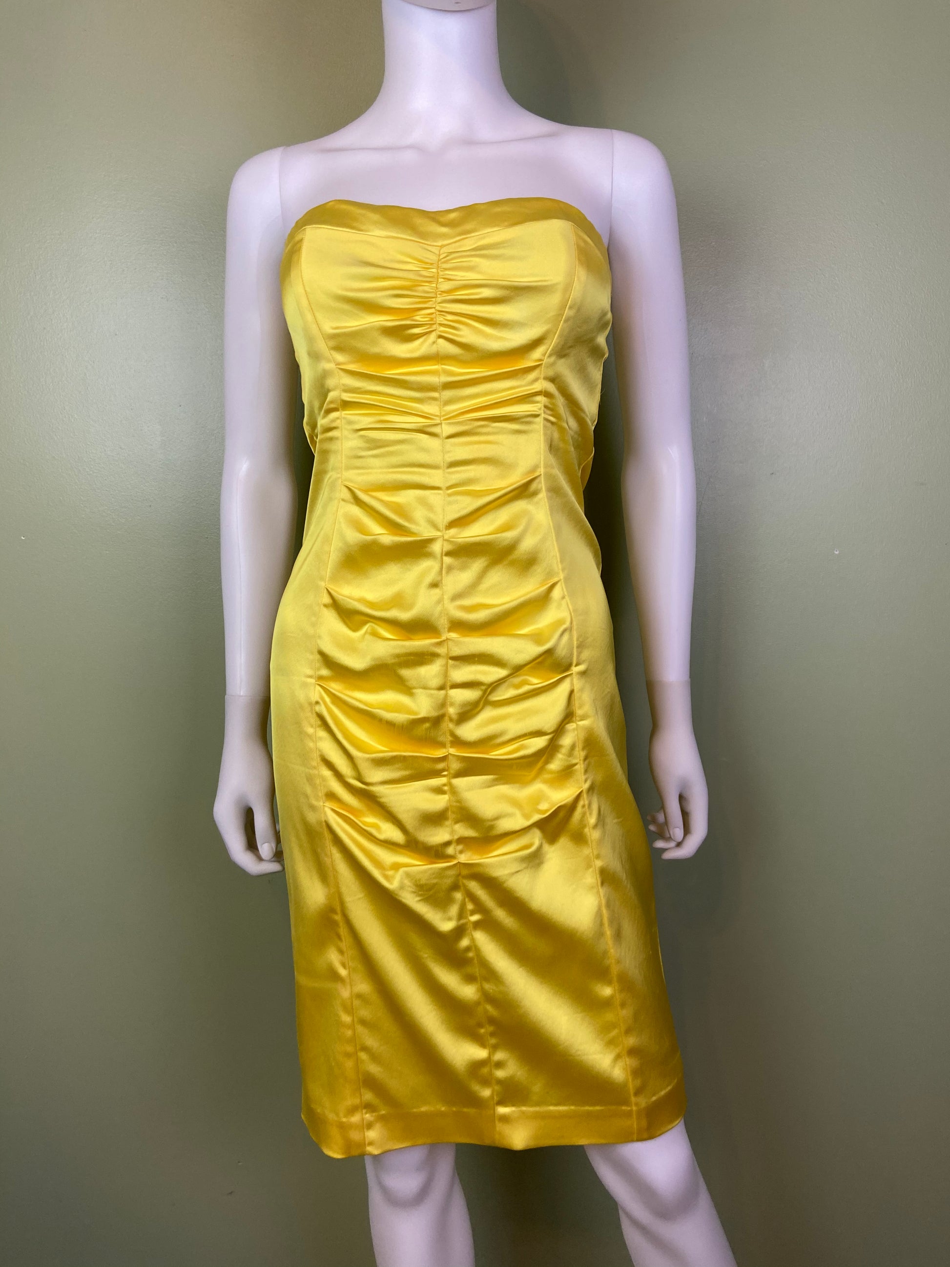 Cache Yellow Stretch Satin Ruche Corset Dress Abby Essie
