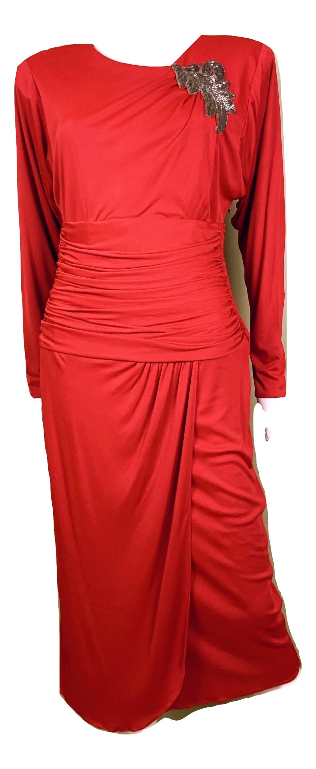 Vintage Bright Beaded Red Ruche Drape Dress Abby Essie