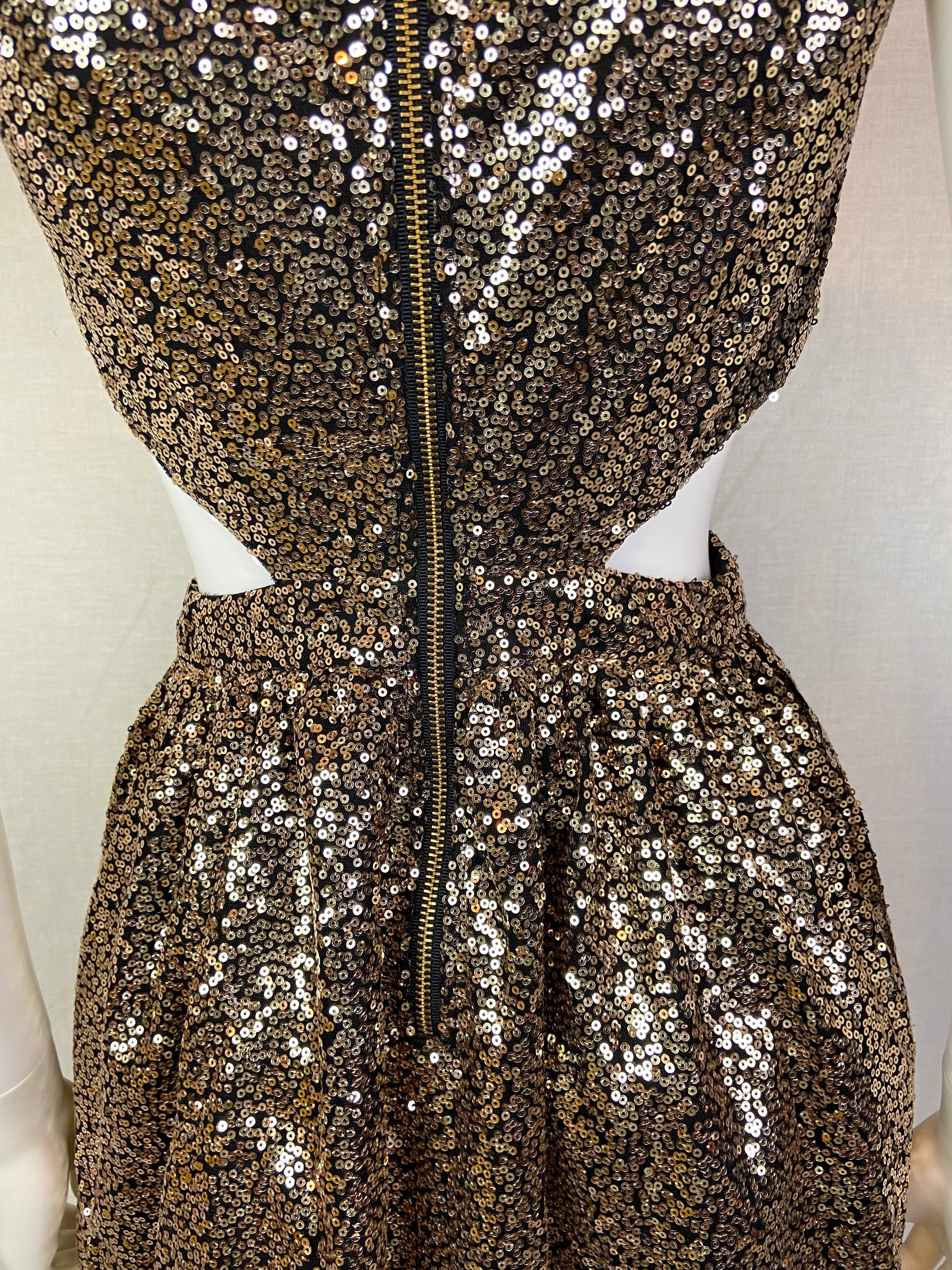 Gold Bronze Sequin Cut Out Dress ABBY ESSIE STUDIOS