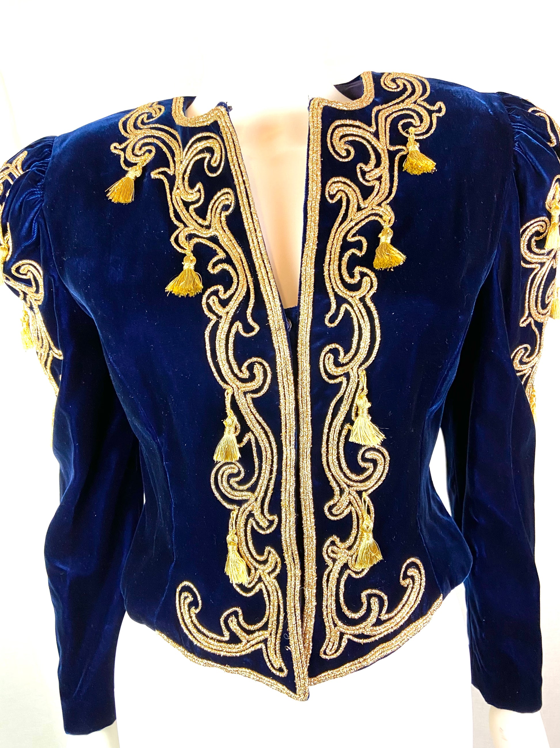 Farinae Navy Blue Velvet Gold Baroque Blazer Jacket ABBY ESSIE STUDIOS