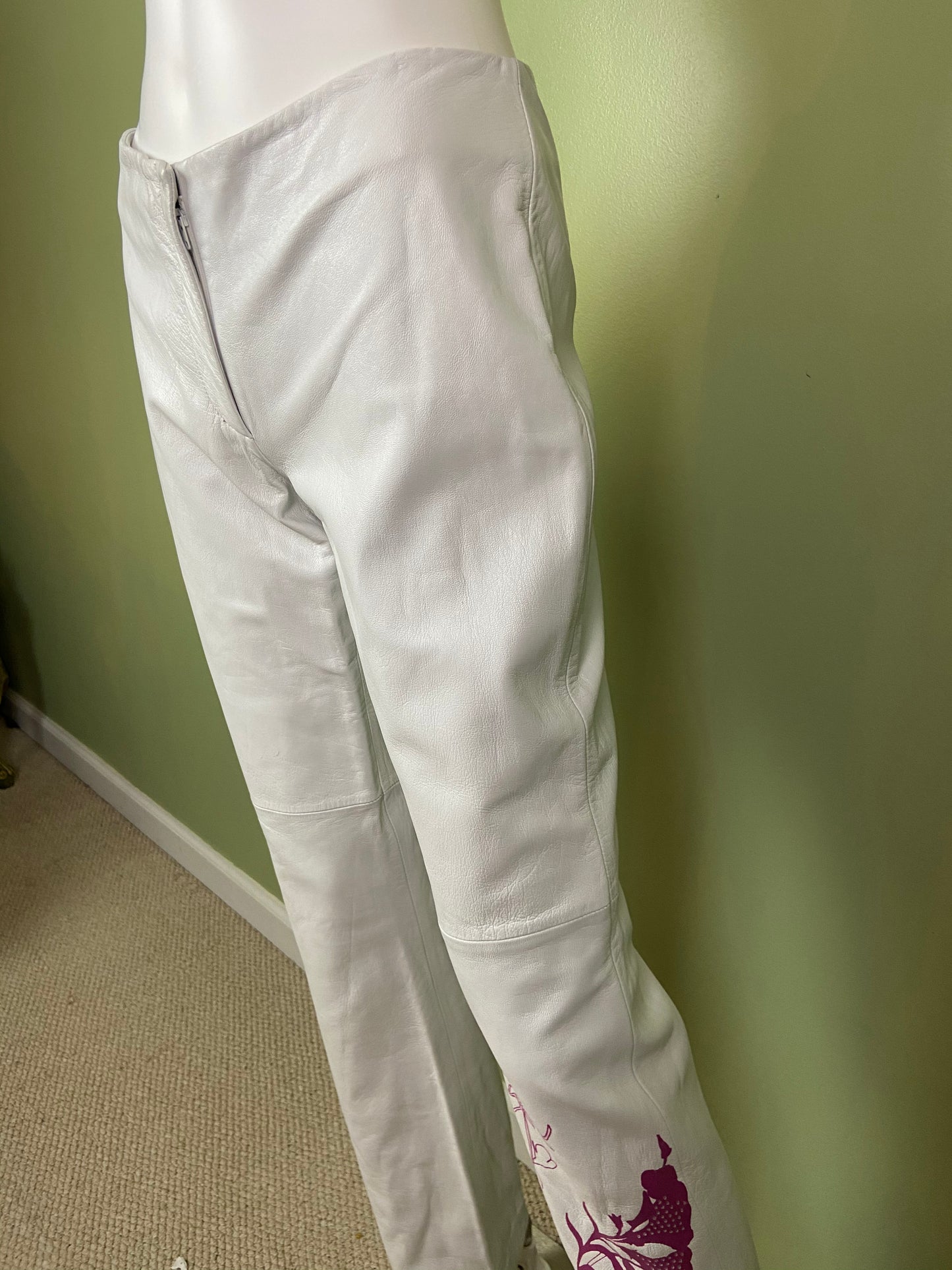 Vintage White Lambskin Leather Pink Graphic Print Pants