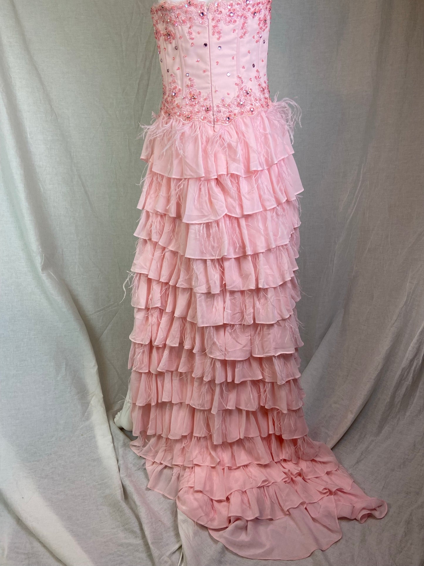 Pink Bustier Rhinestone Feather Boa Ruffle Gown