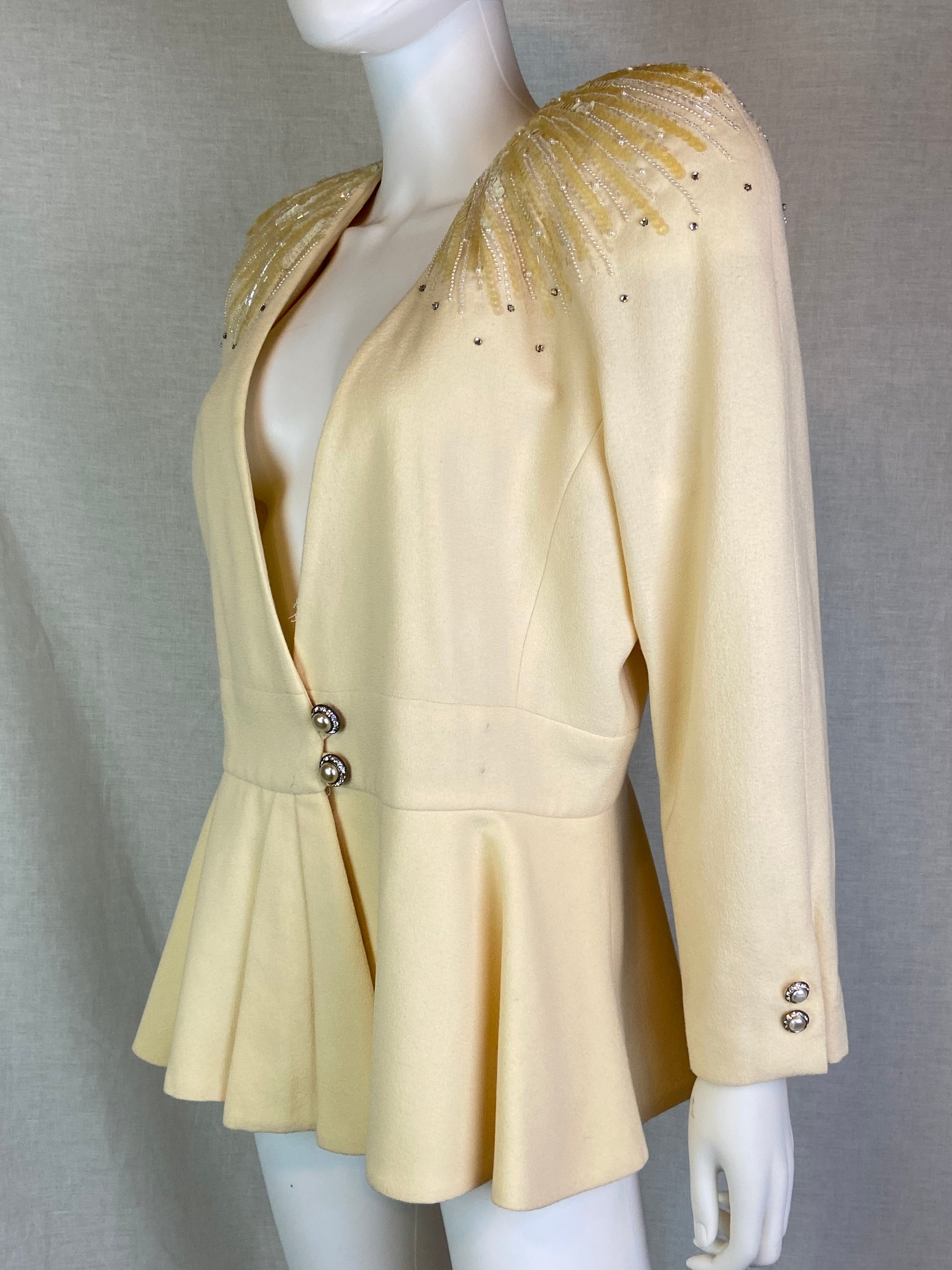 Nolan Miller Cream White Sequin Beaded Rhinestone Wool Blazer ABBY ESSIE STUDIOS