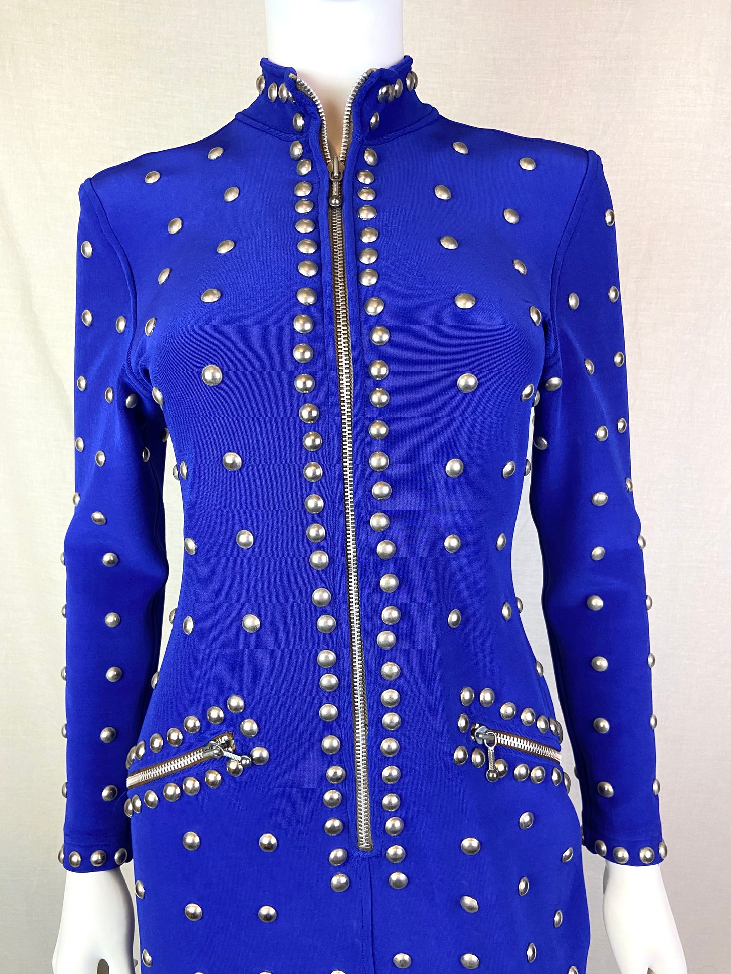 VINTAGE TADASHI ROYAL BLUE SILVER METAL STUDDED BODYCON DRESS