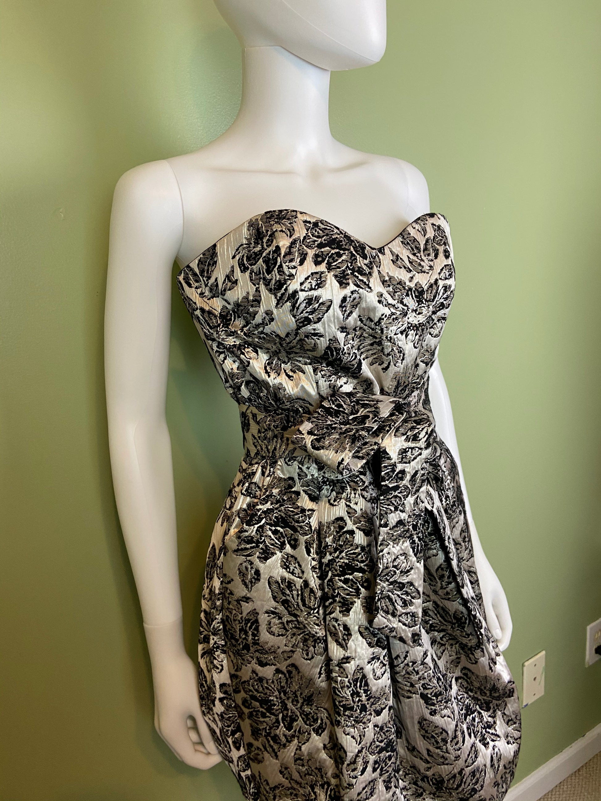 Silver Lame Black Floral Strapless Bustier Bubble Dress Abby Essie