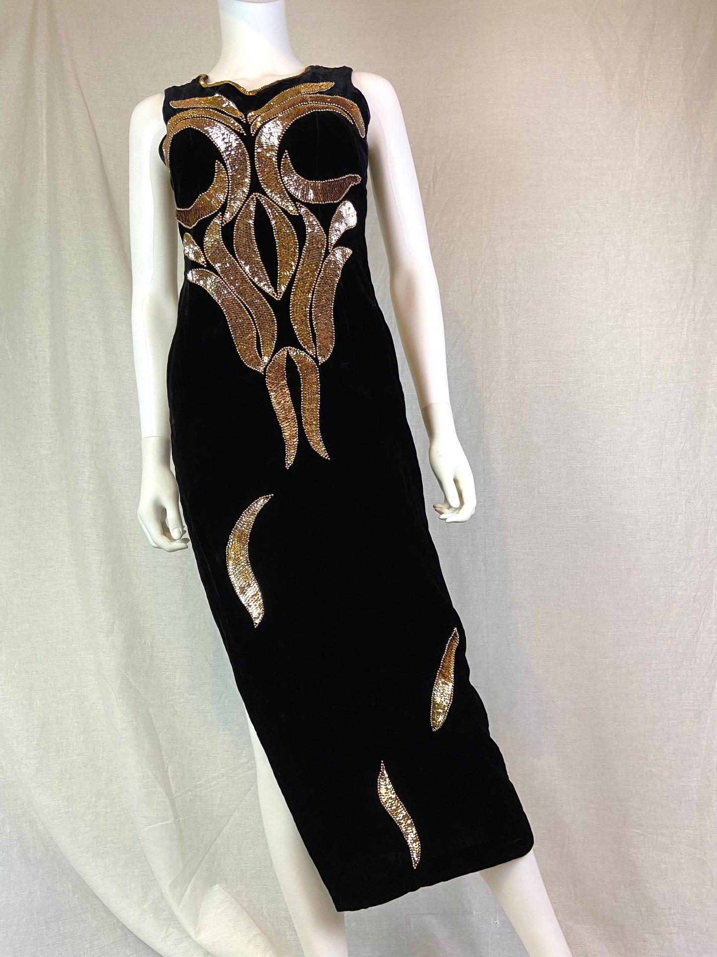 Vtg Black Velvet Gold Sequin Column Gown